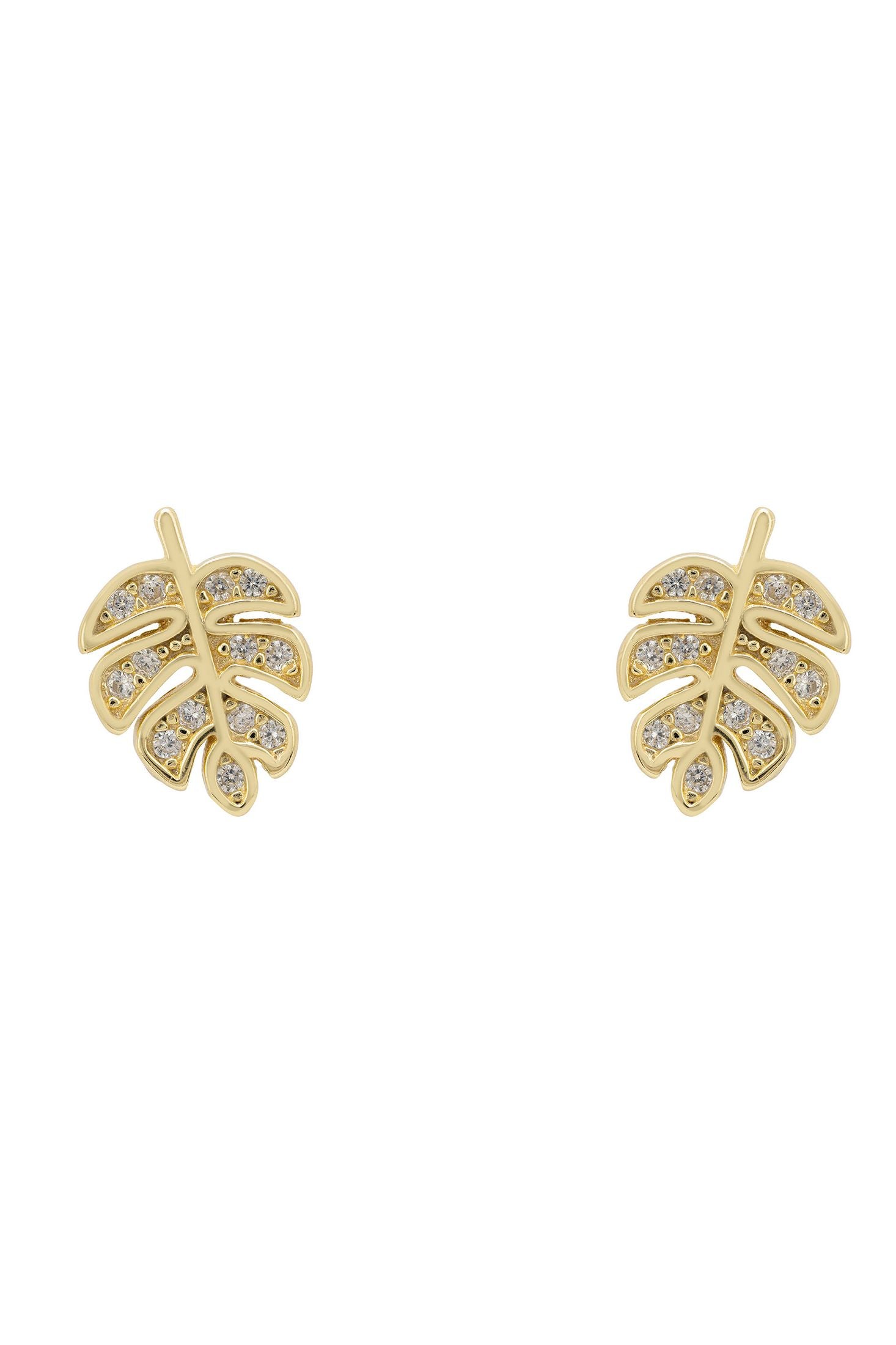 Front view of Palm Leaf Stud Earrings, showing leaf design, cubic zirconia and zirconia detailing, gold finish.