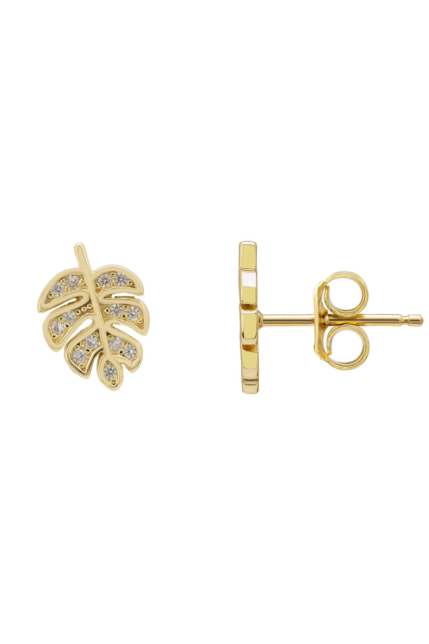 Angled view of Palm Leaf Stud Earrings, showing leaf design and the jewellery profile.