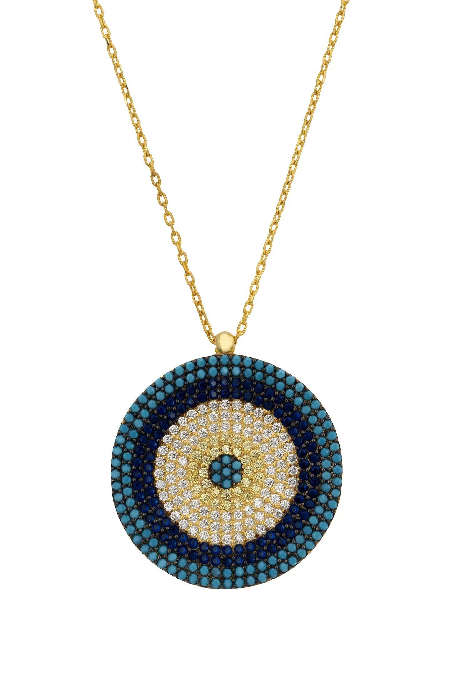Close-up of the gemstone evil eye pendant.