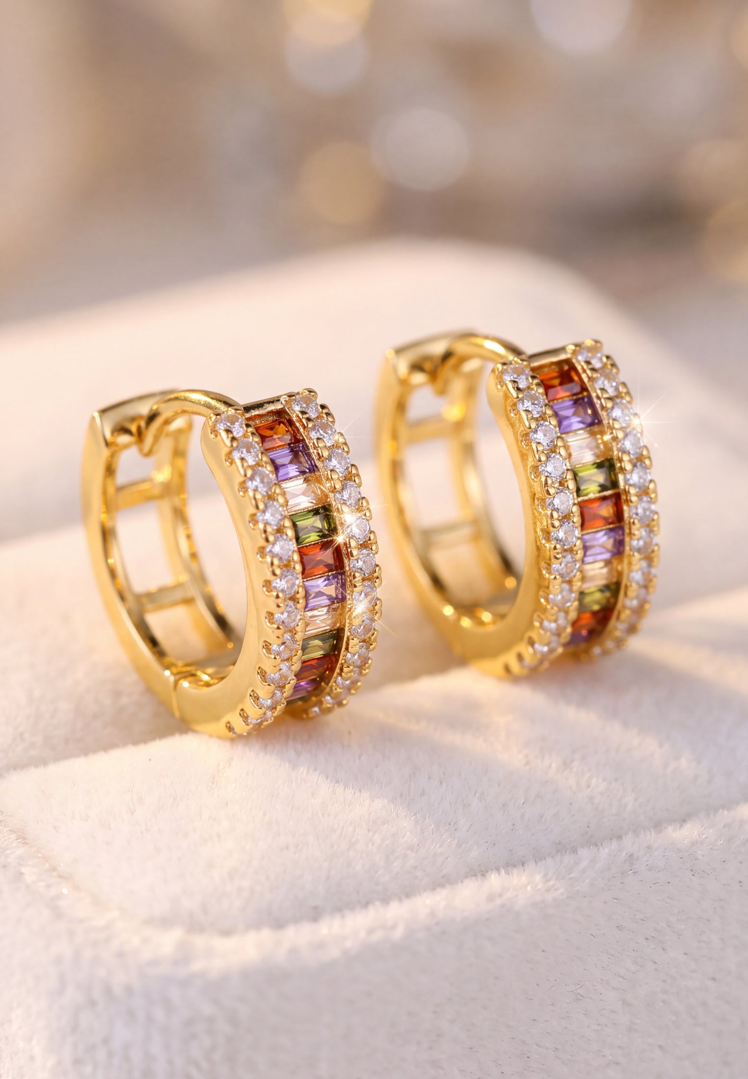 Baguette Huggie Hoop Earrings Rainbow Gold