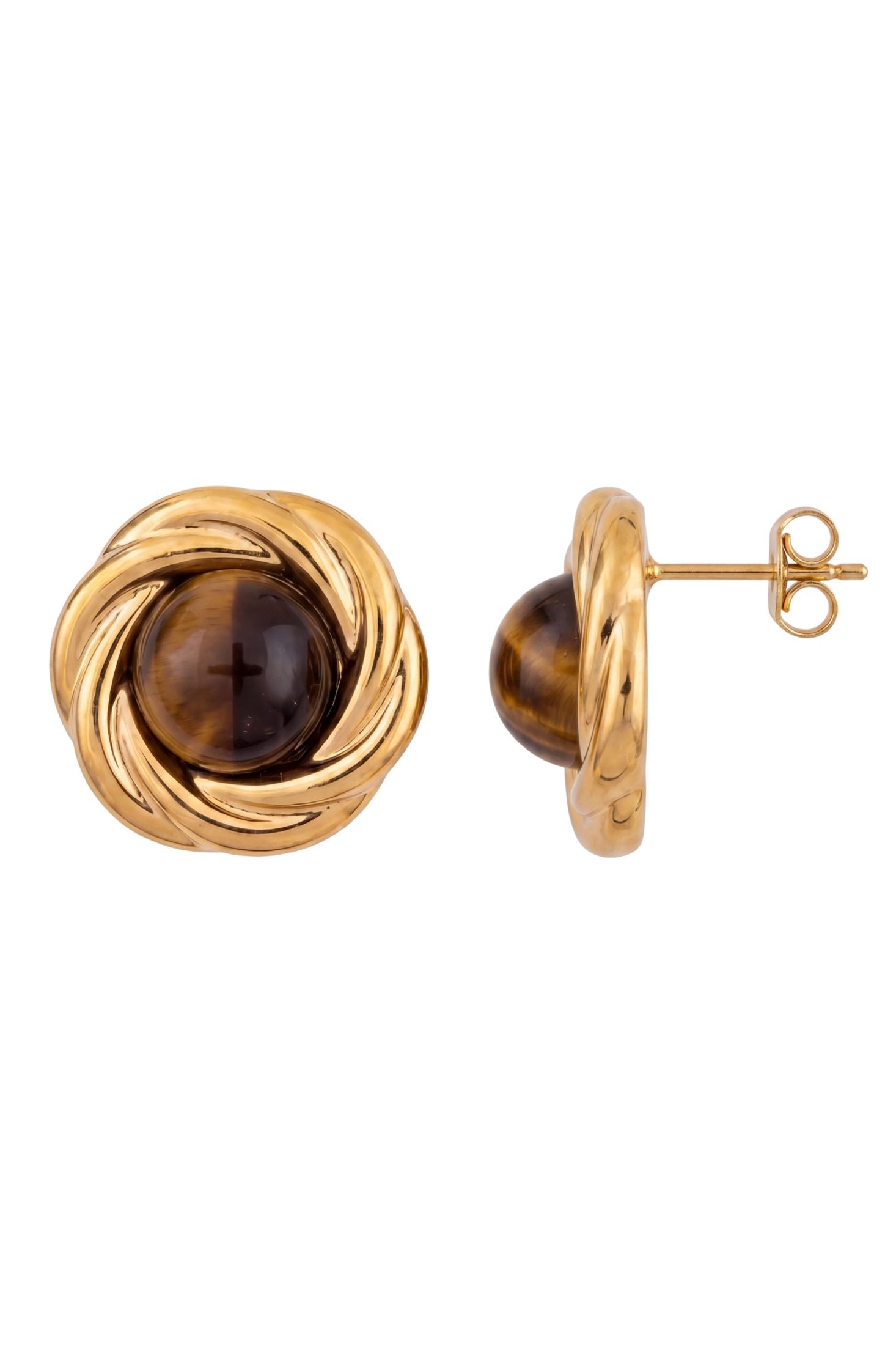 Angled view of Dynasty Tigers Eye Knot Stud Earrings Gold, showing gold finish and the jewellery profile.