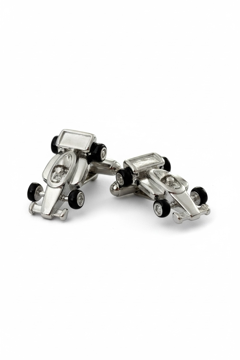 Silver racing car cufflinks.