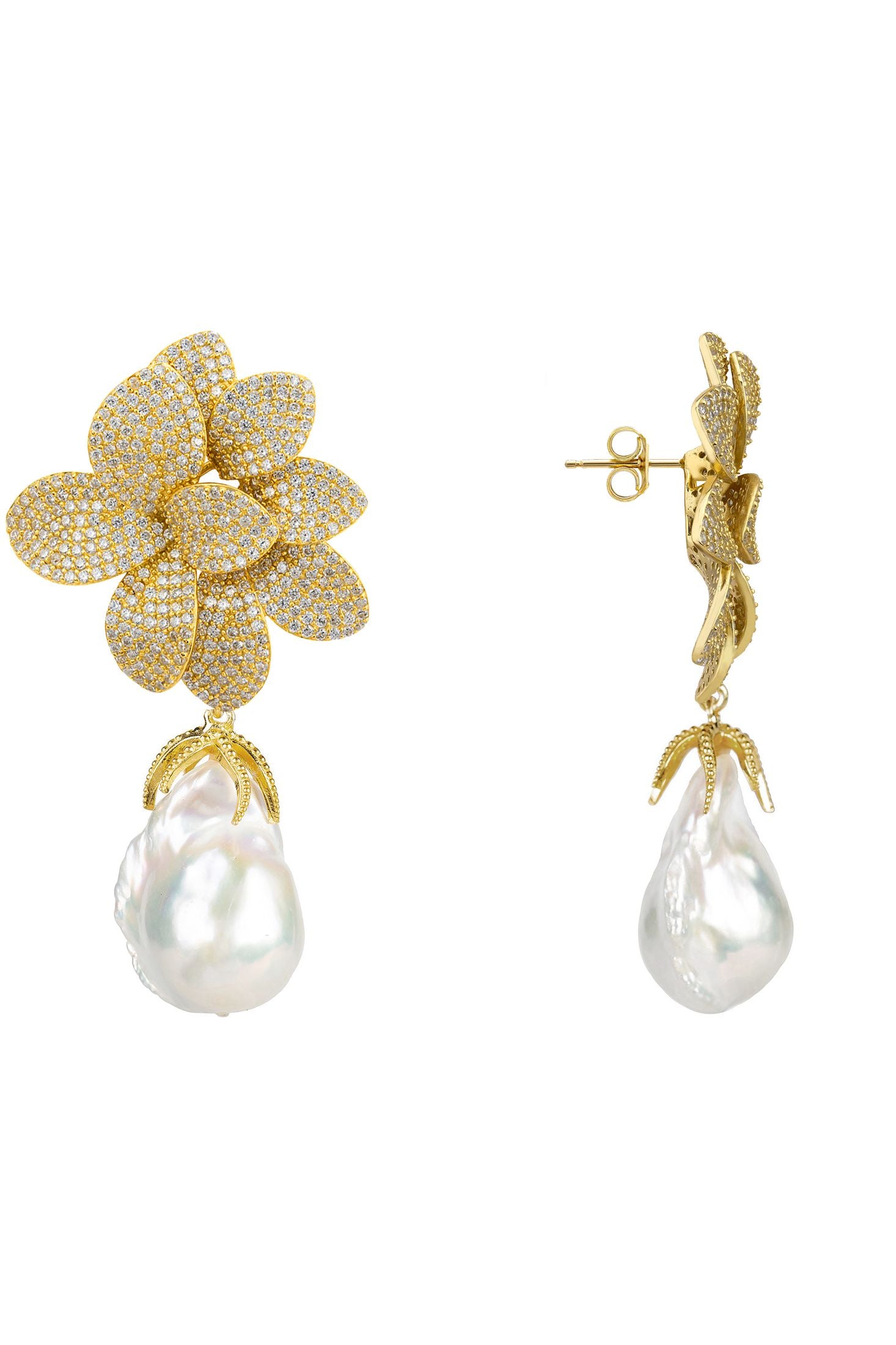 Gold flower-shaped earrings with pearl drops on a white background