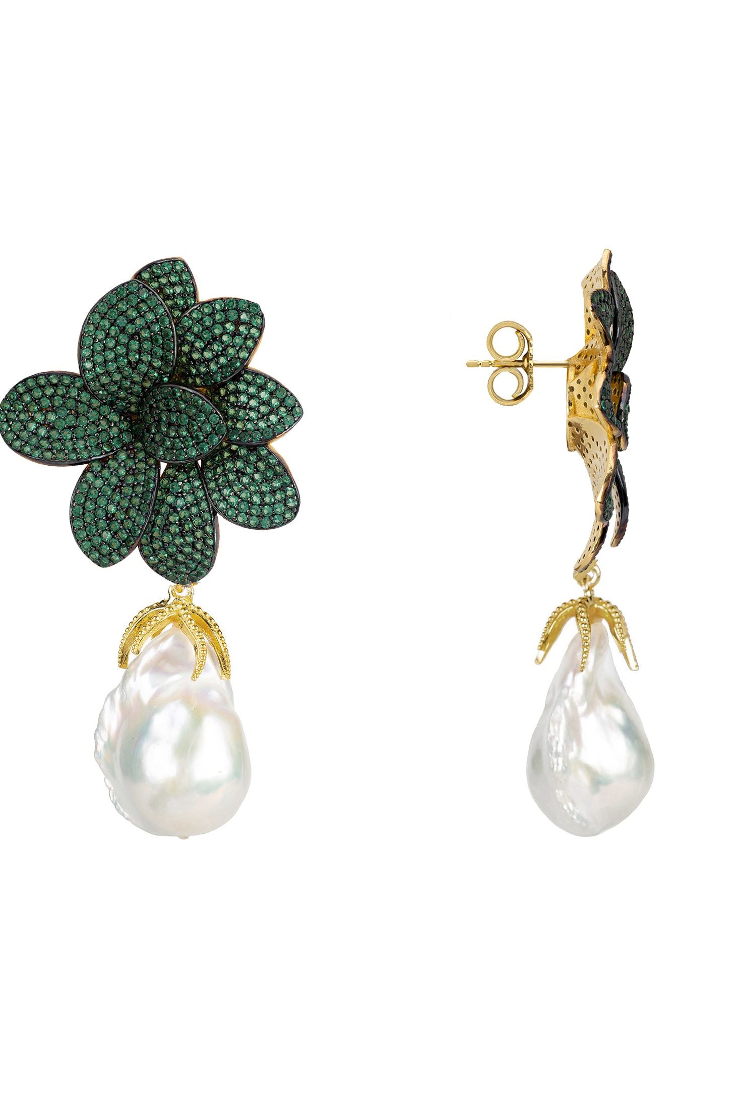 Pair of earrings with green floral design and pearl drops on a white background