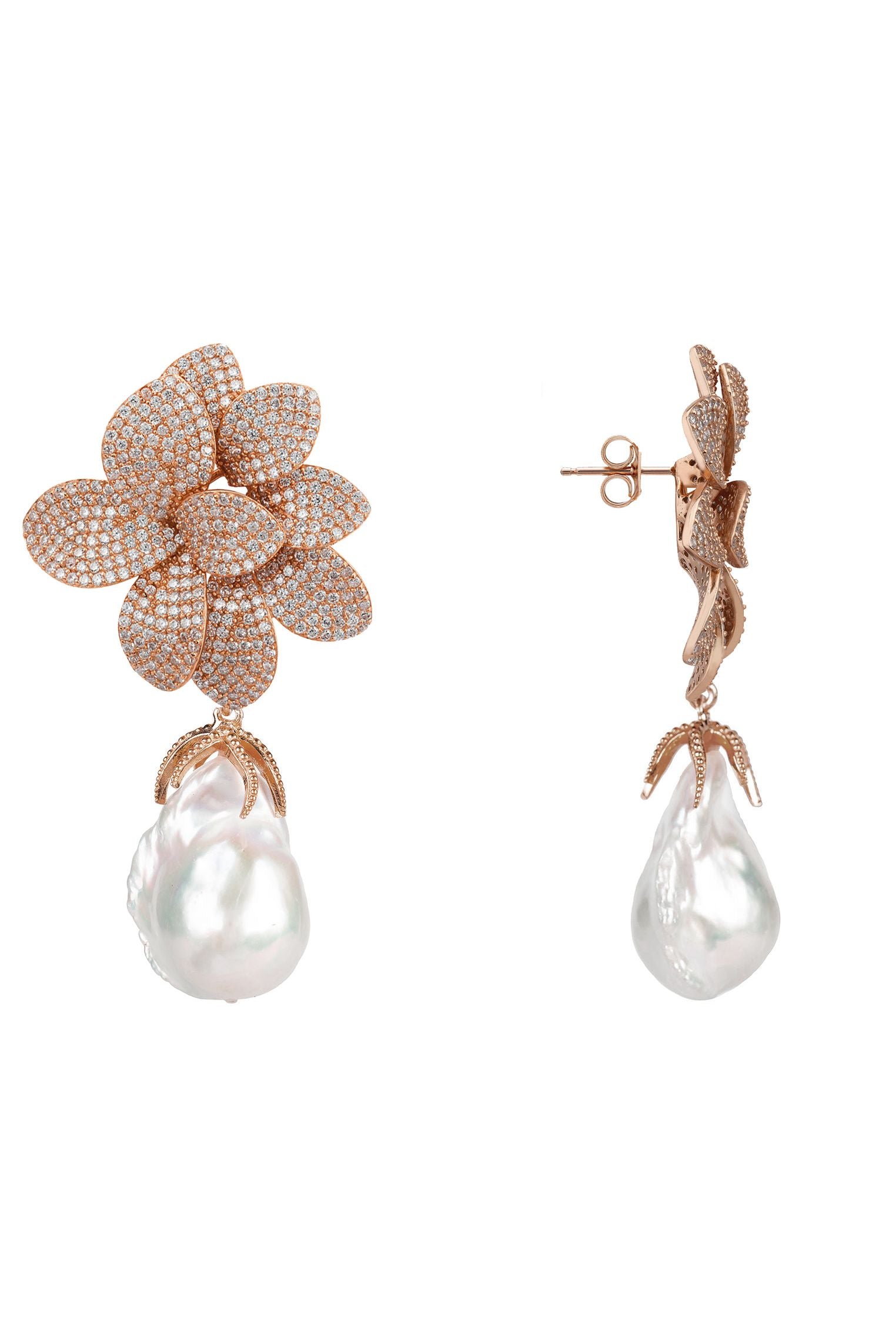 Amaryllis Flower Baroque Pearl Drop Earrings White Rosegold