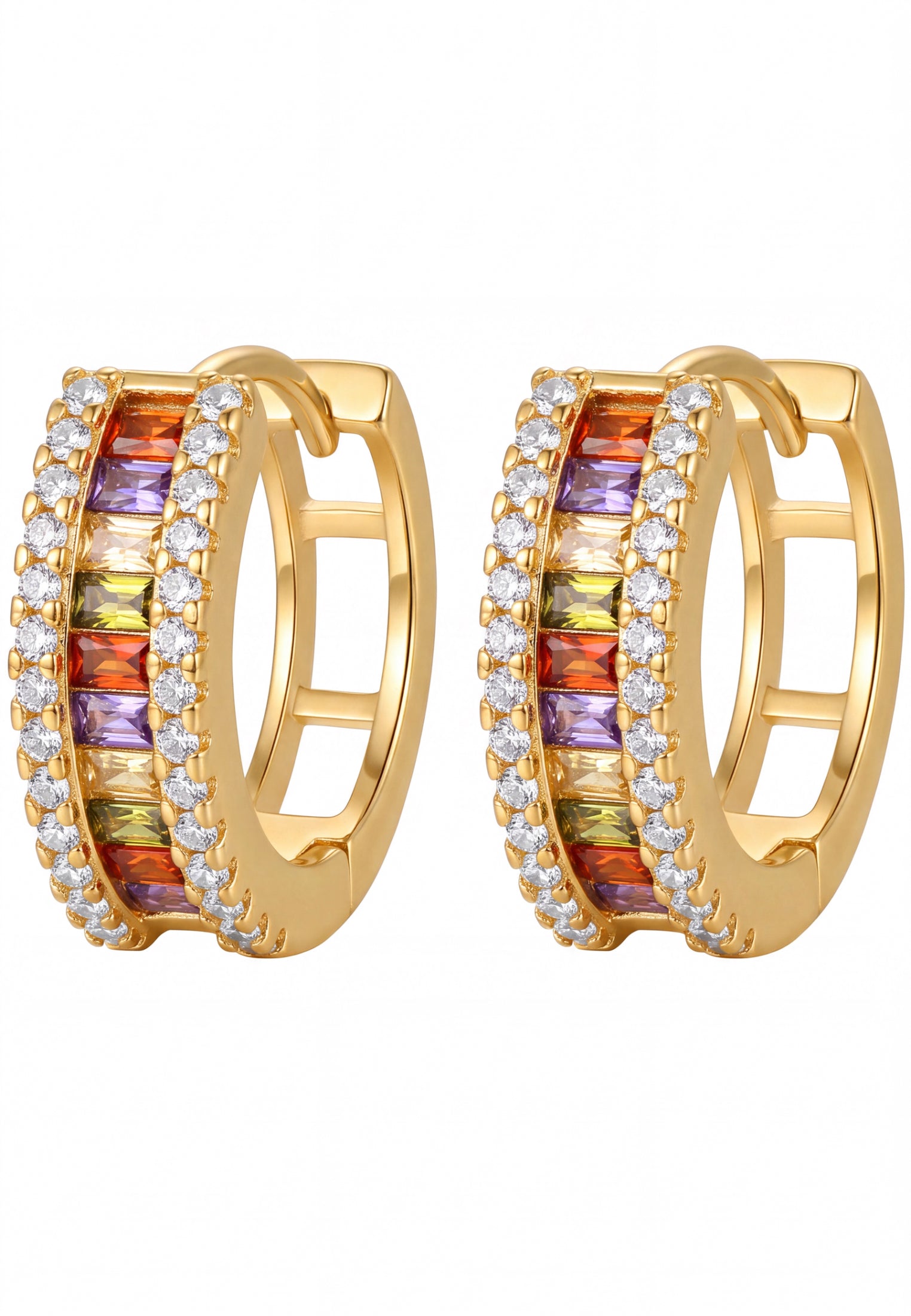 Baguette Huggie Hoop Earrings Rainbow Gold