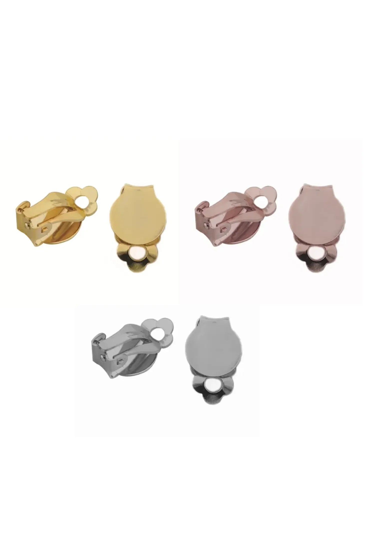 Pairs of metal clip on backs in gold, rose gold, and silver.