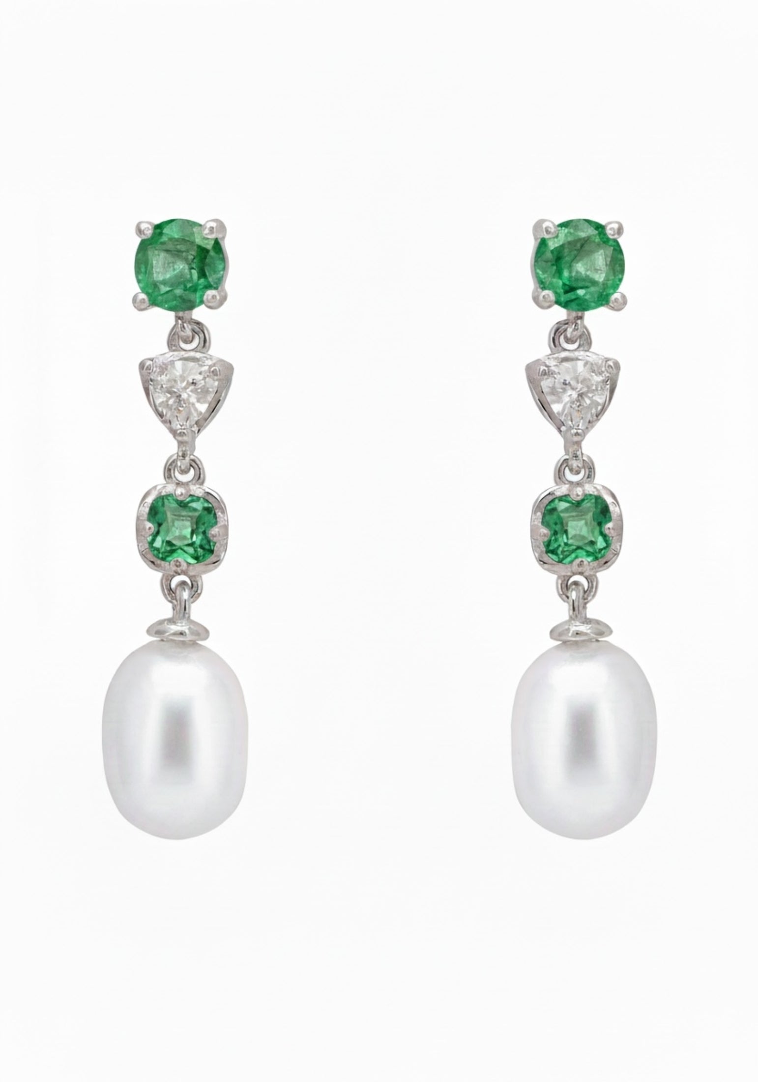 Pearl Whisper Drop Earrings Colombian Emerald Silver
