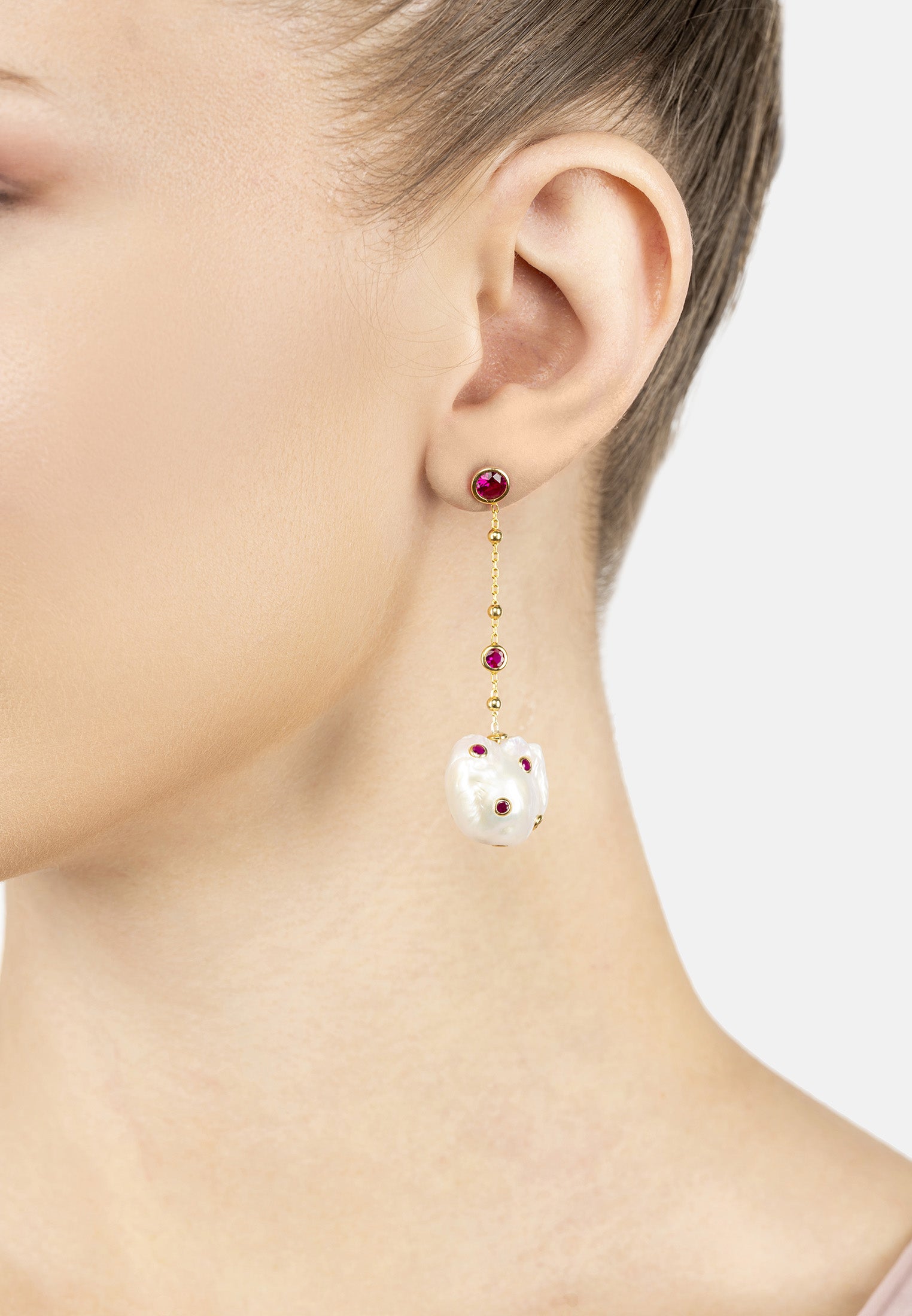 Polka Dot Baroque Pearl Chain Drop Earrings Gold Ruby