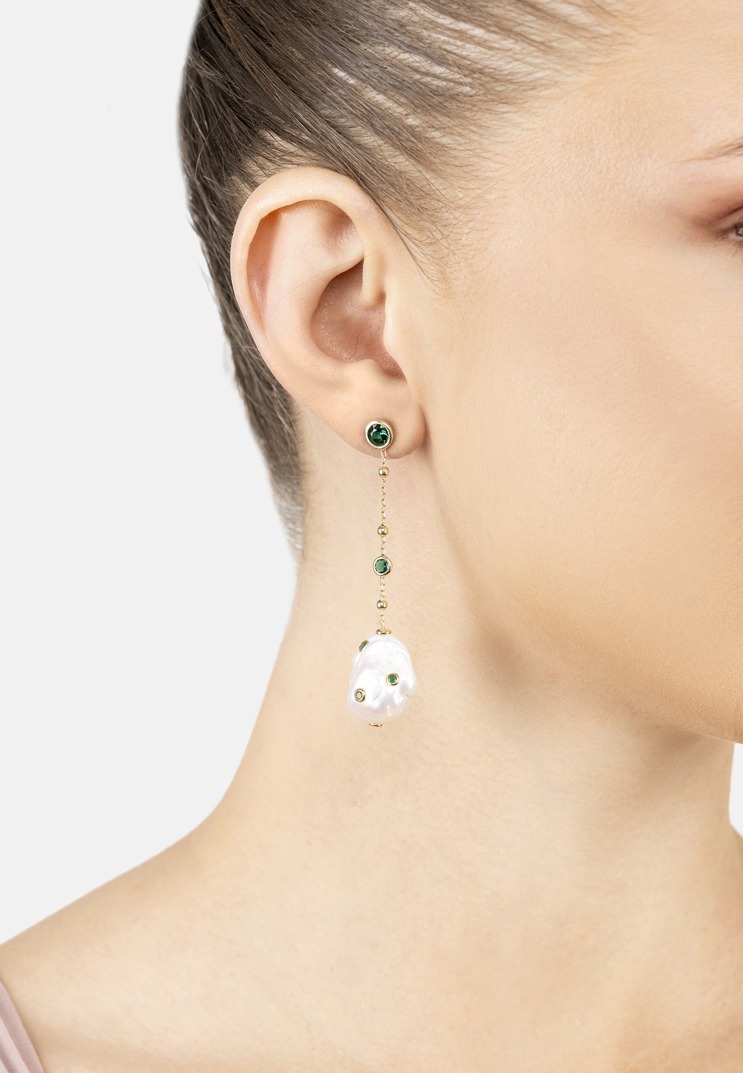 Polka Dot Baroque Pearl Chain Drop Earrings Gold Emerald