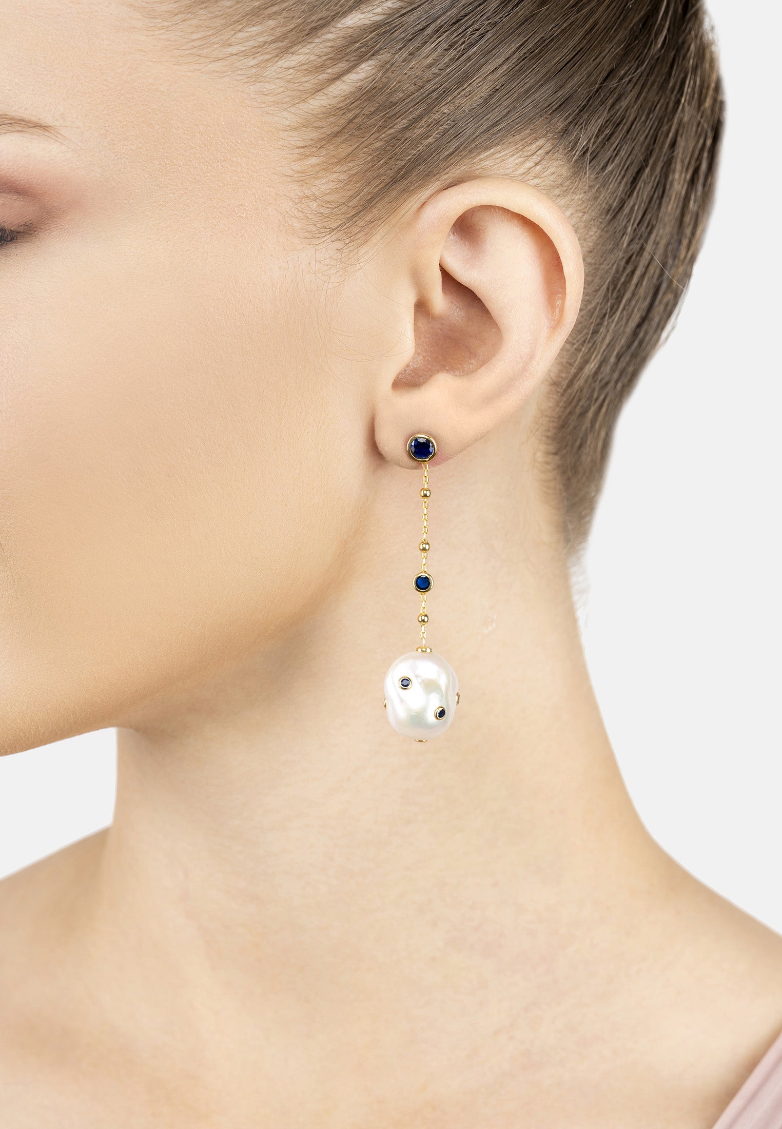 Polka Dot Baroque Pearl Chain Drop Earrings Gold Sapphire