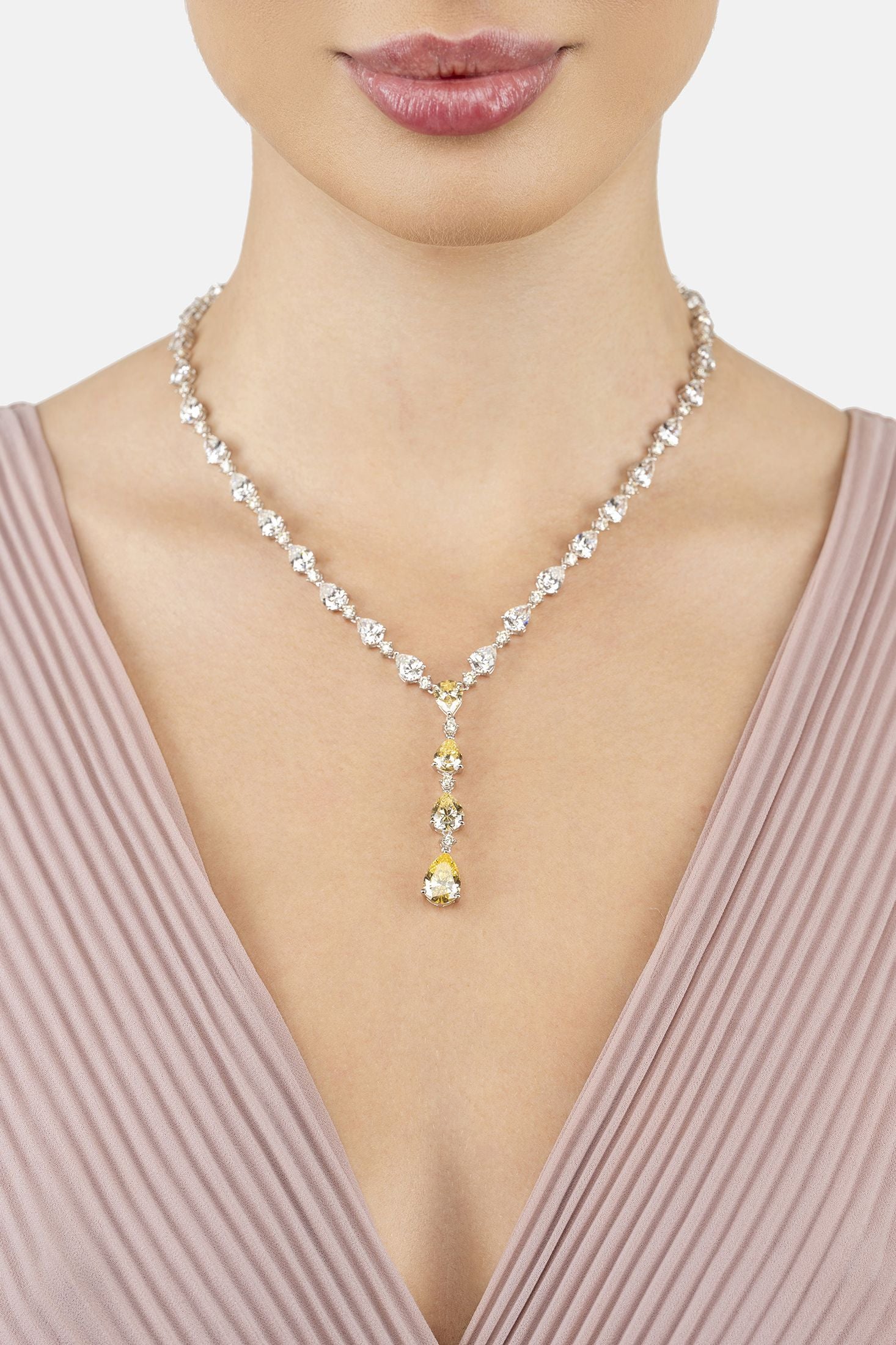 Angled view of Elizabeth Statement Necklace Yellow Topaz Silver, showing silver finish and the jewellery profile.