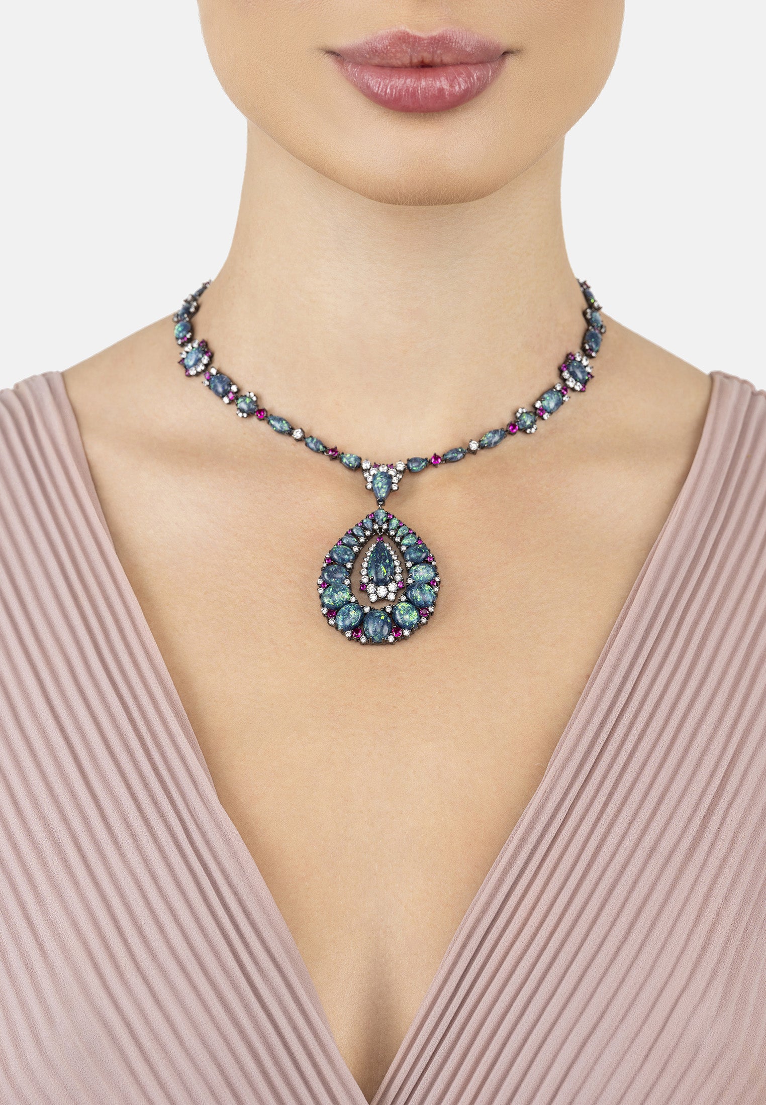 Paloma Green Opal Statement Necklace Silver Oxidised