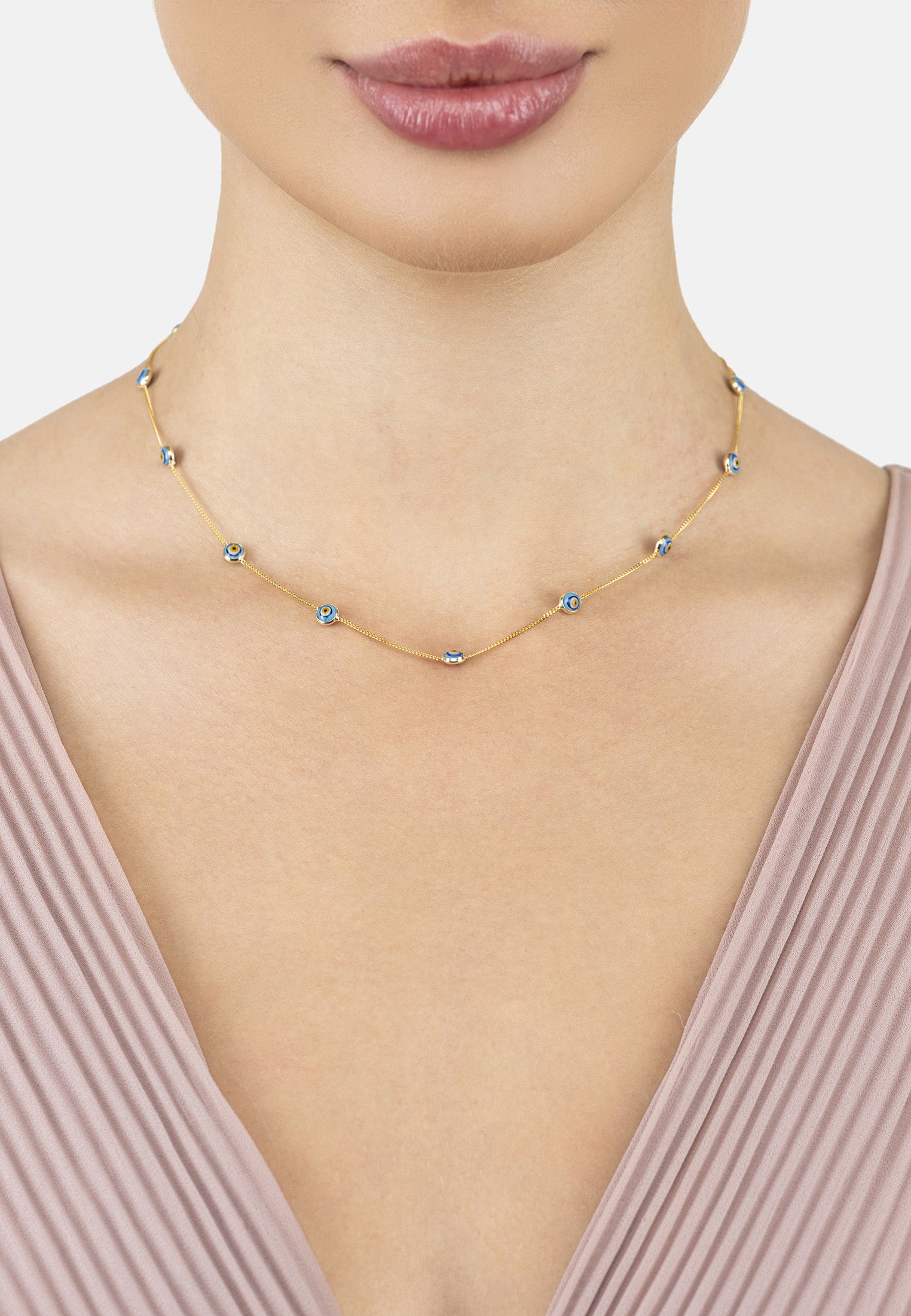 Evil Eye Blue Enamel Choker Necklace Gold