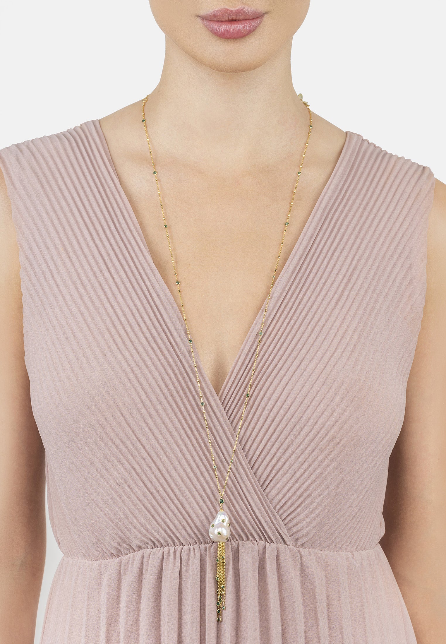 Polka Dot Baroque Pearl Tassel Necklace Gold Emerald