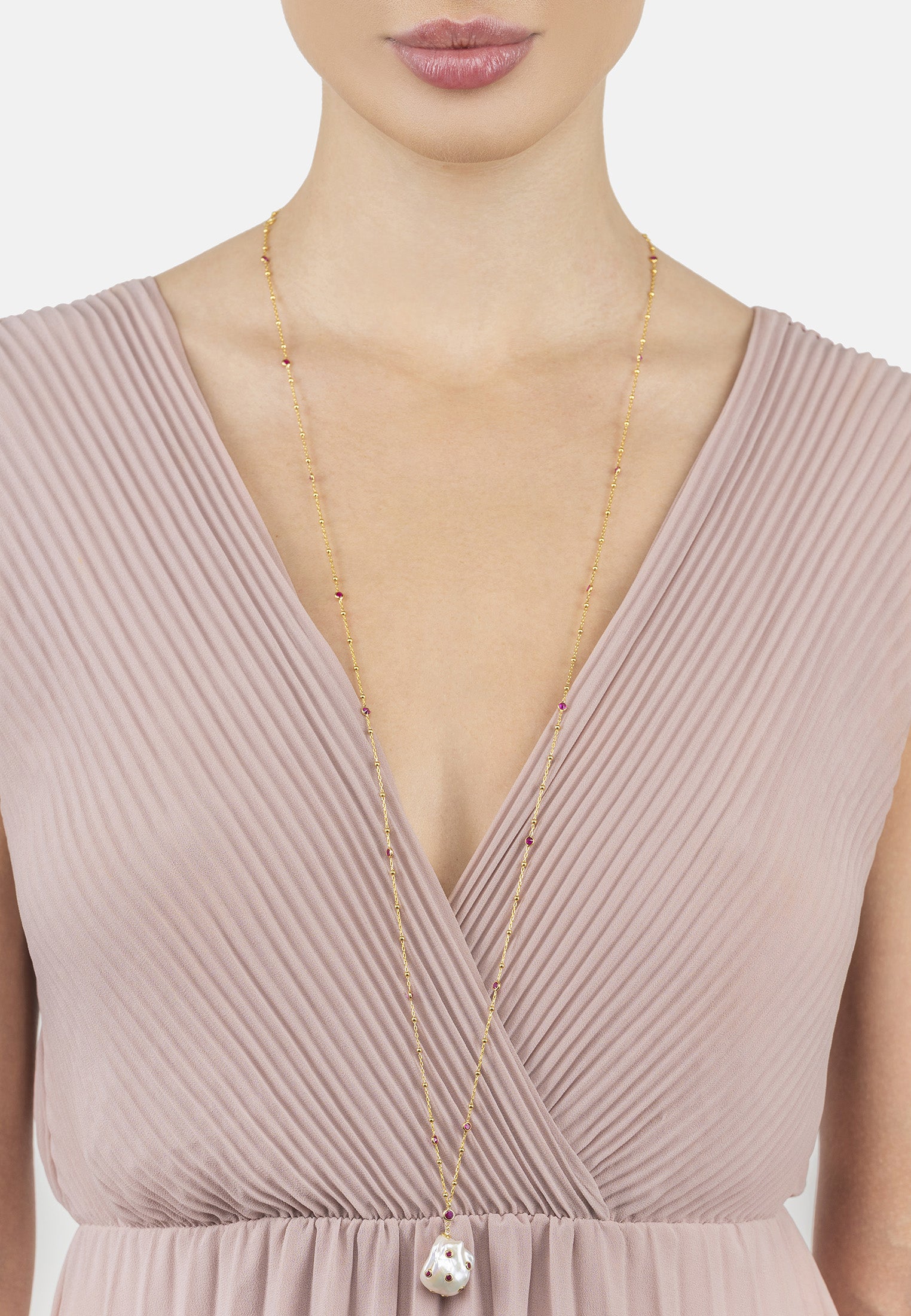 Polka Dot Baroque Pearl Long Necklace Gold Ruby