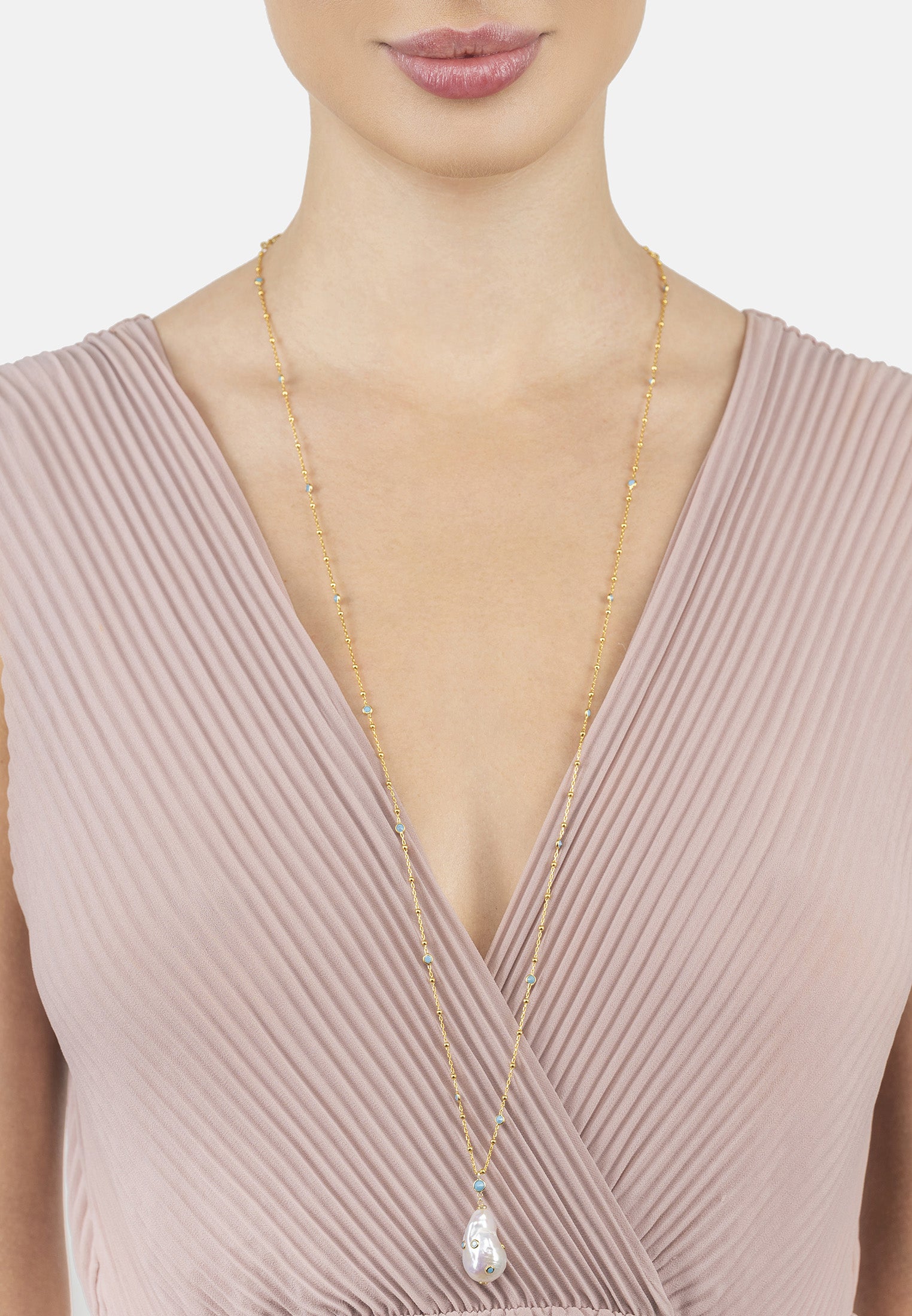 Polka Dot Baroque Pearl Long Necklace Gold Turquoise
