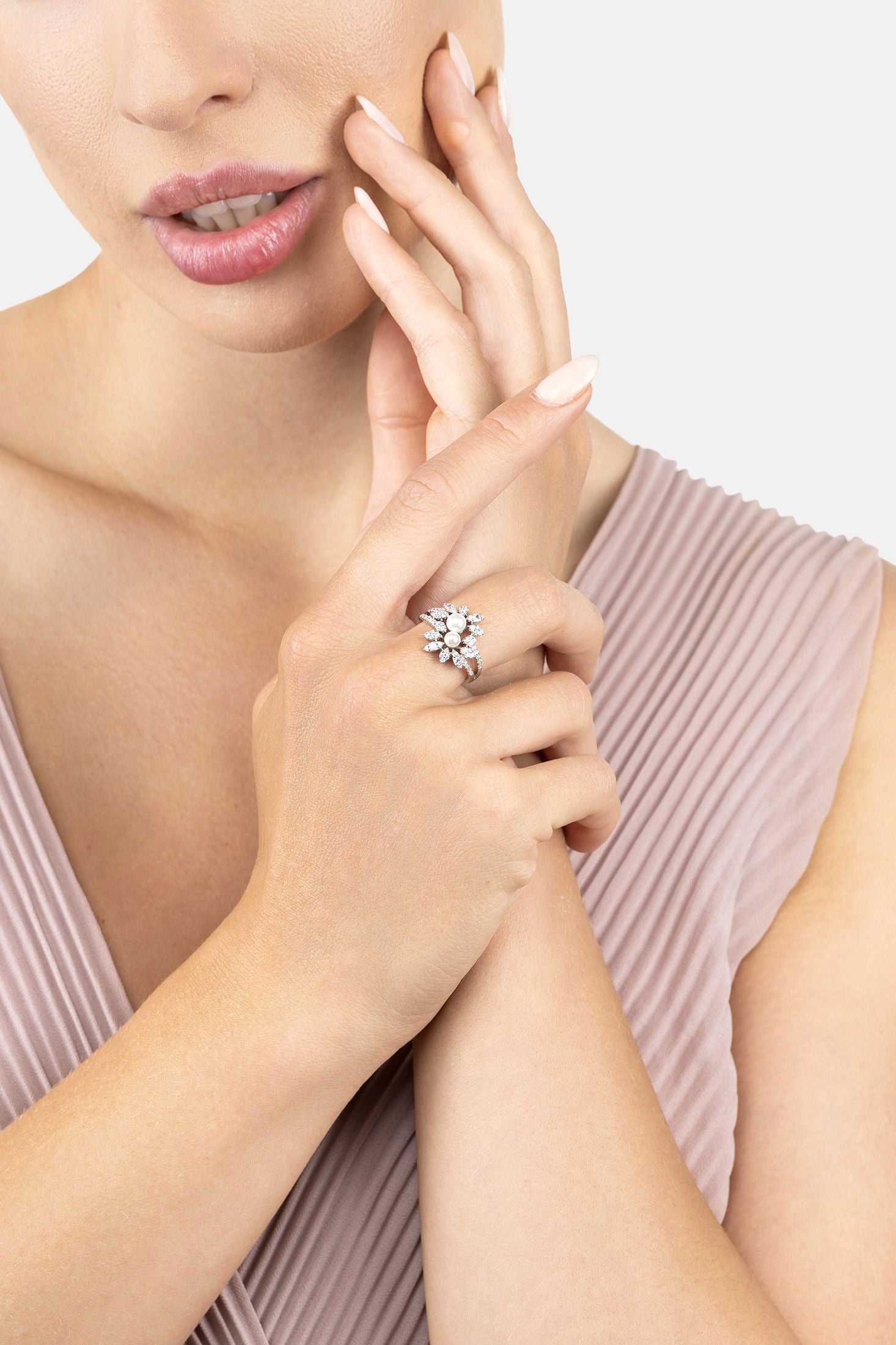 Close-up of Marquise Cocktail Ring Pearl Silver, highlighting pearl detailing, silver finish.