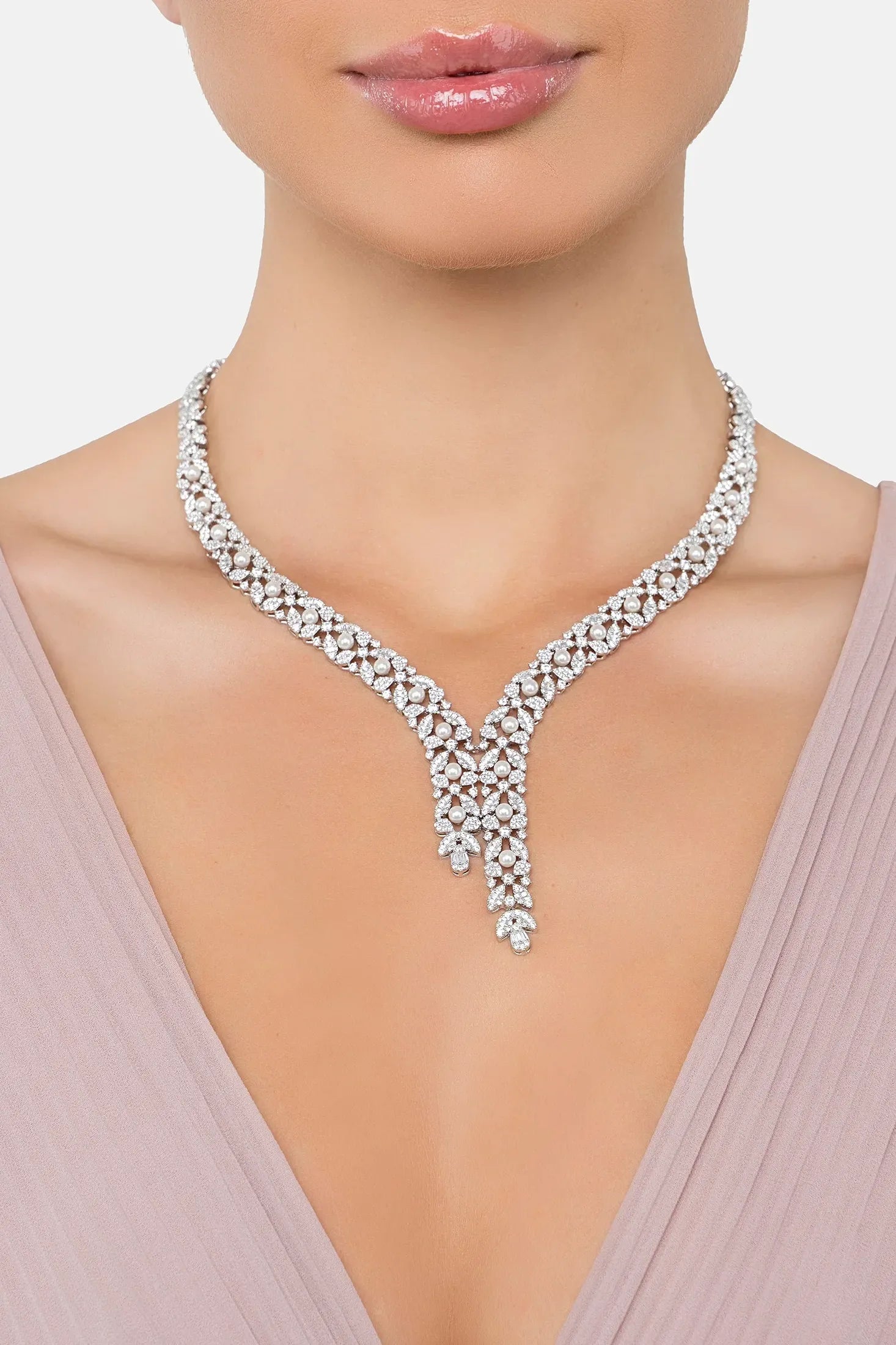 The necklace worn by a model.