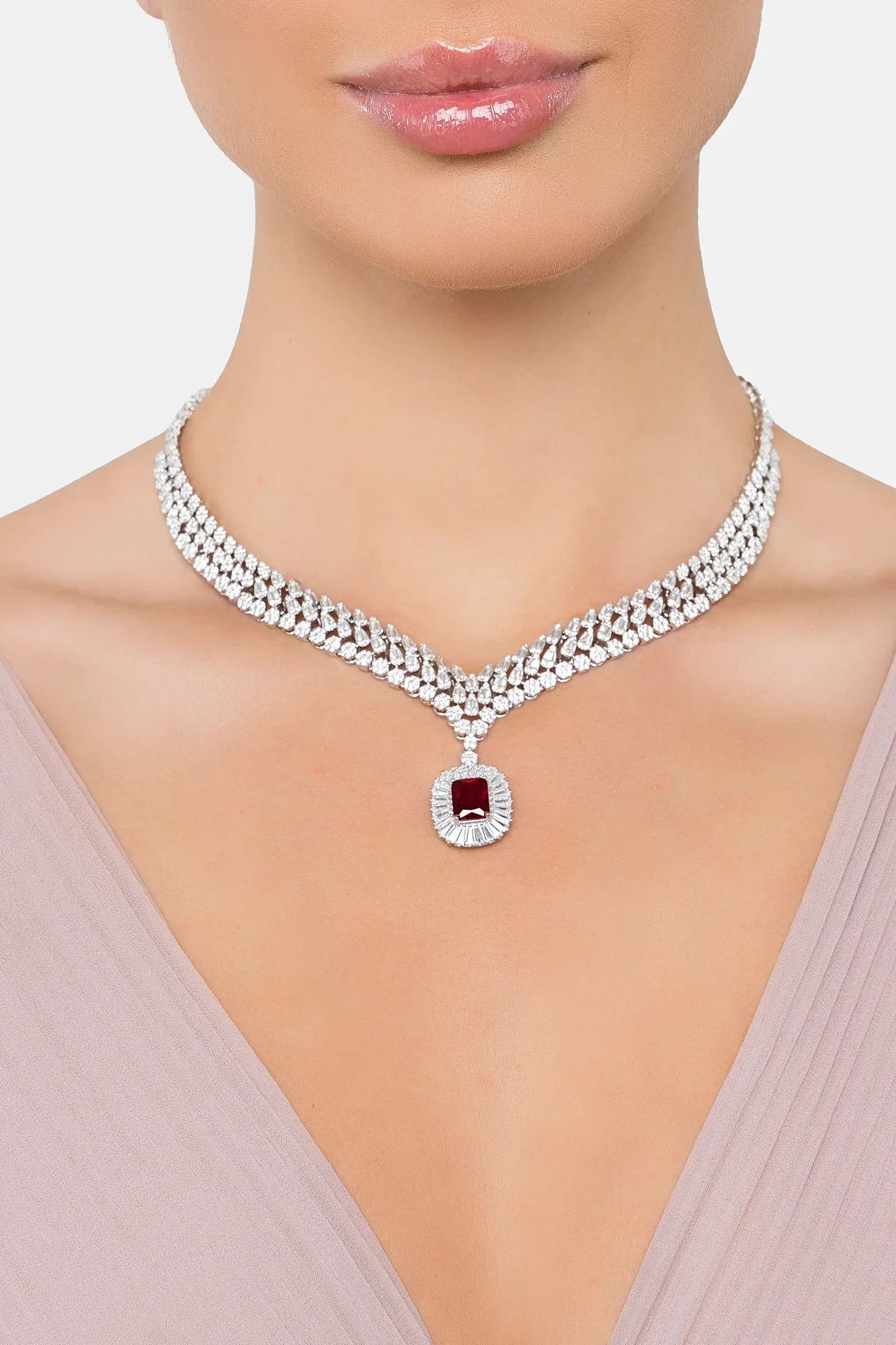 The necklace worn by a model.