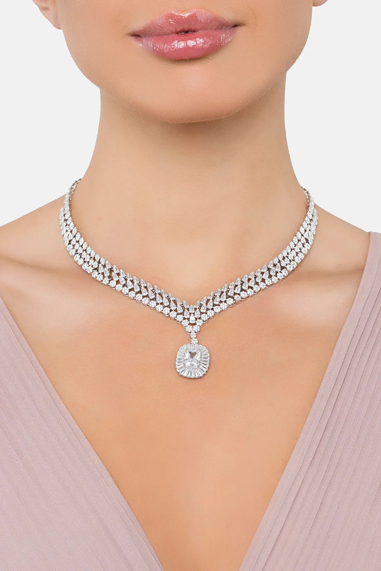 The necklace worn by a model.