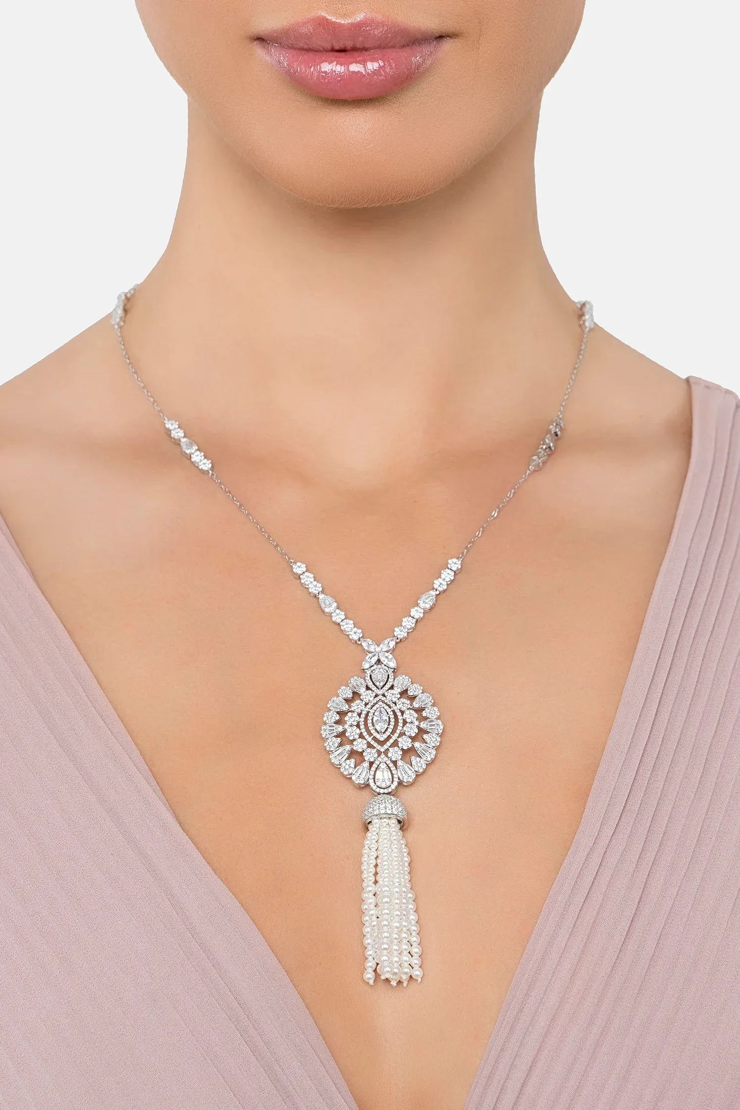 The necklace worn by a model.