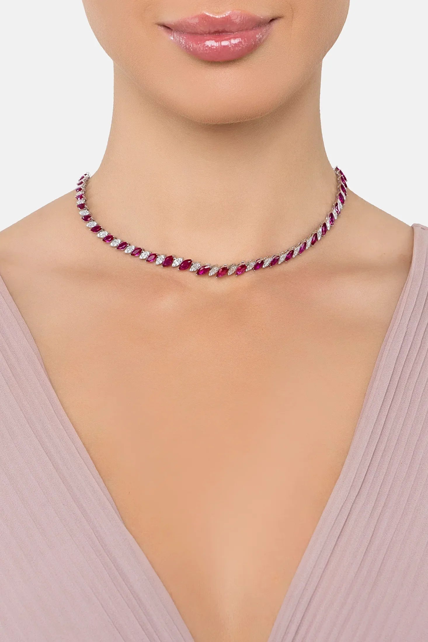 The necklace worn by a model.