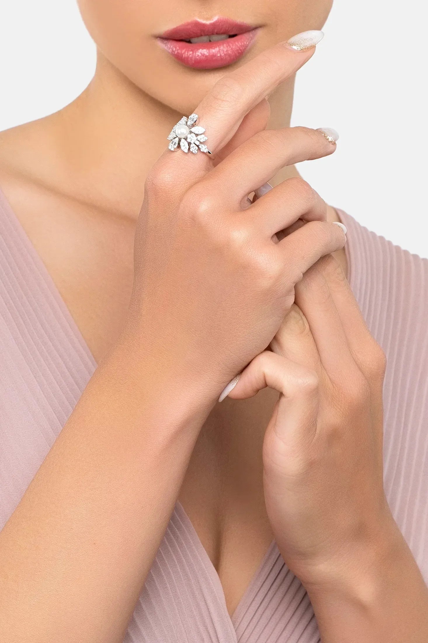 The ring worn by a model.
