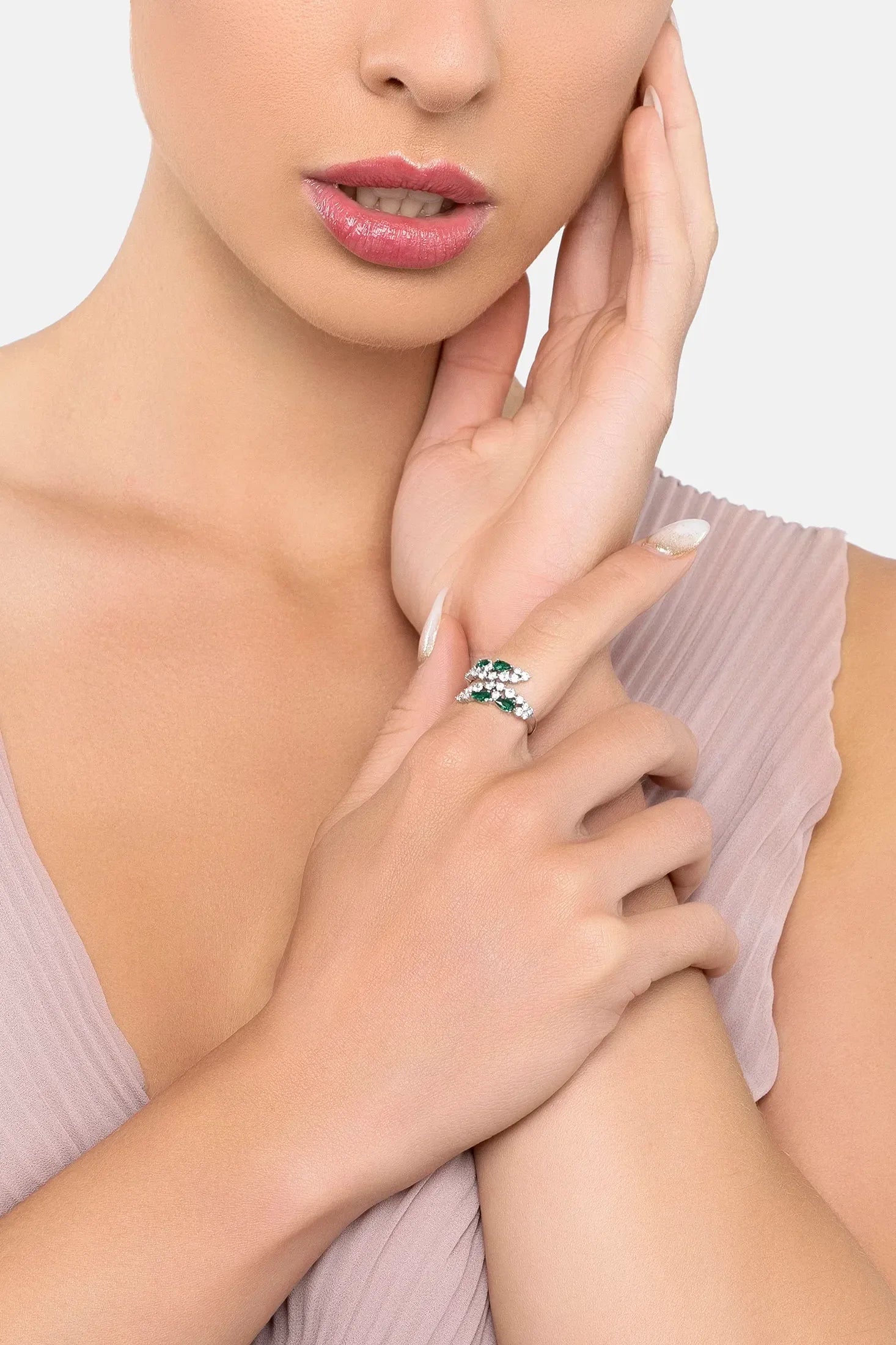 The ring worn by a model.