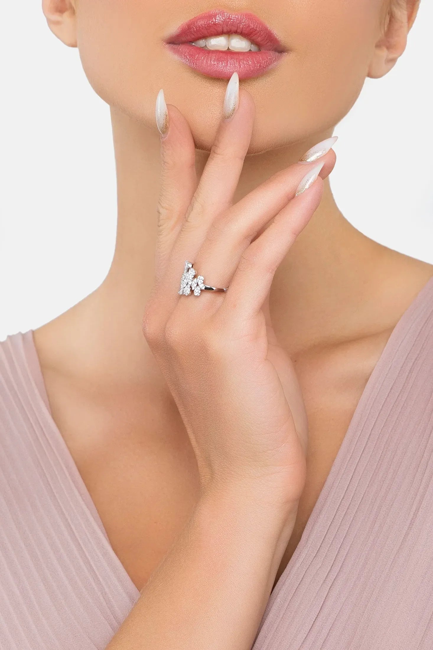 The ring worn by a model.