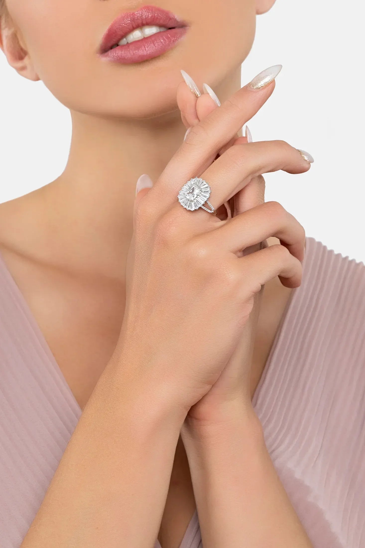 The ring worn by a model.