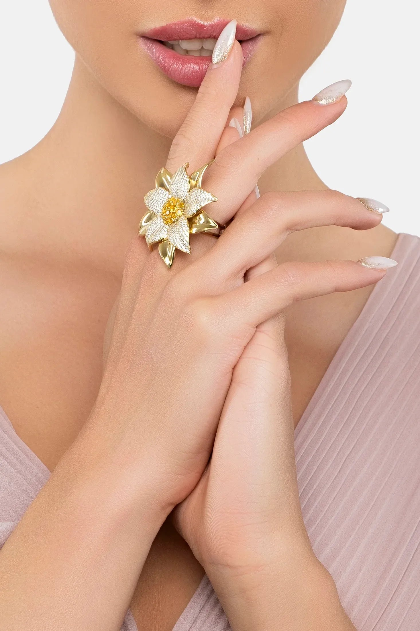 The ring worn by a model.