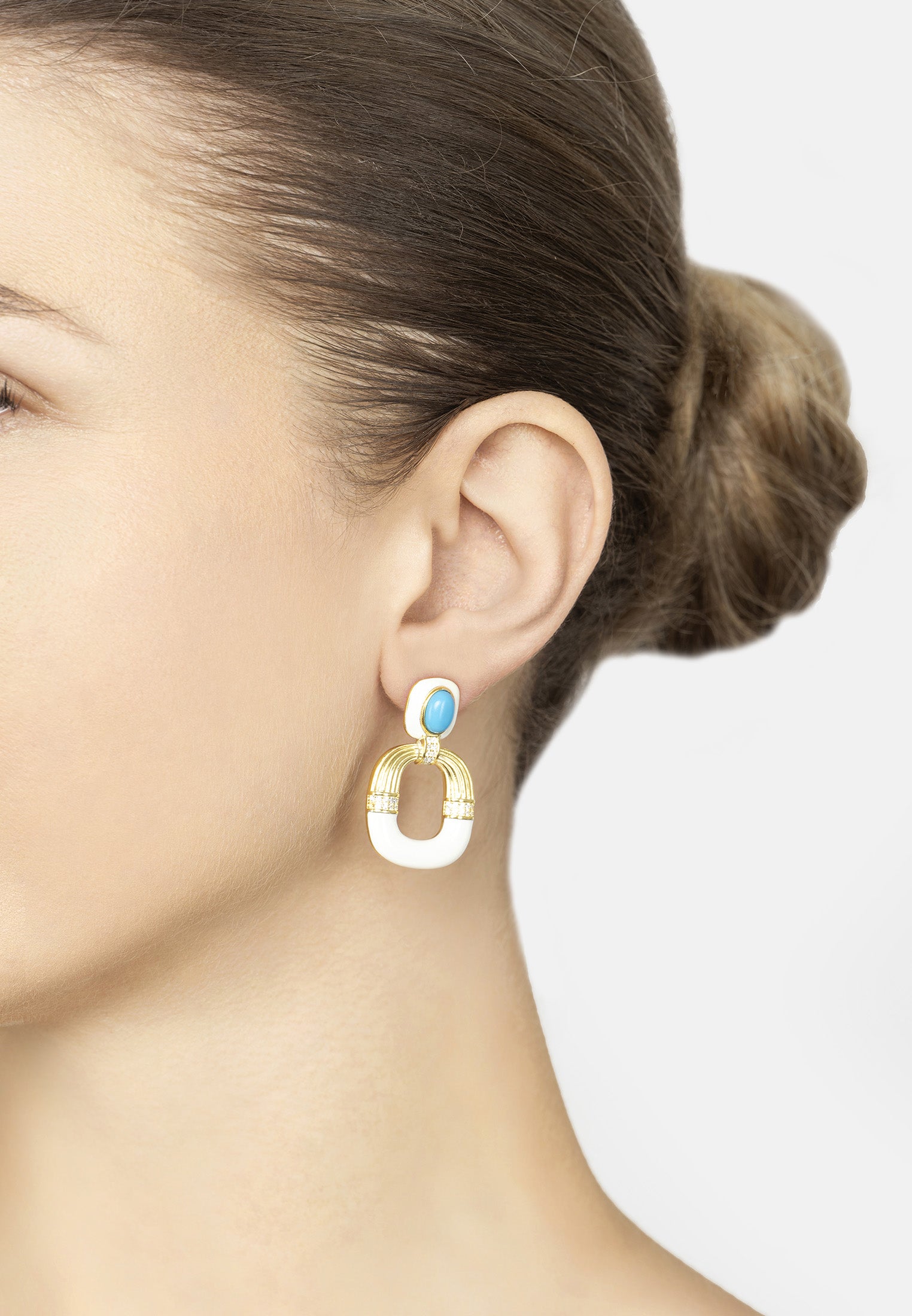 Deco Darling Drop Earrings Turquoise And White Enamel Gold