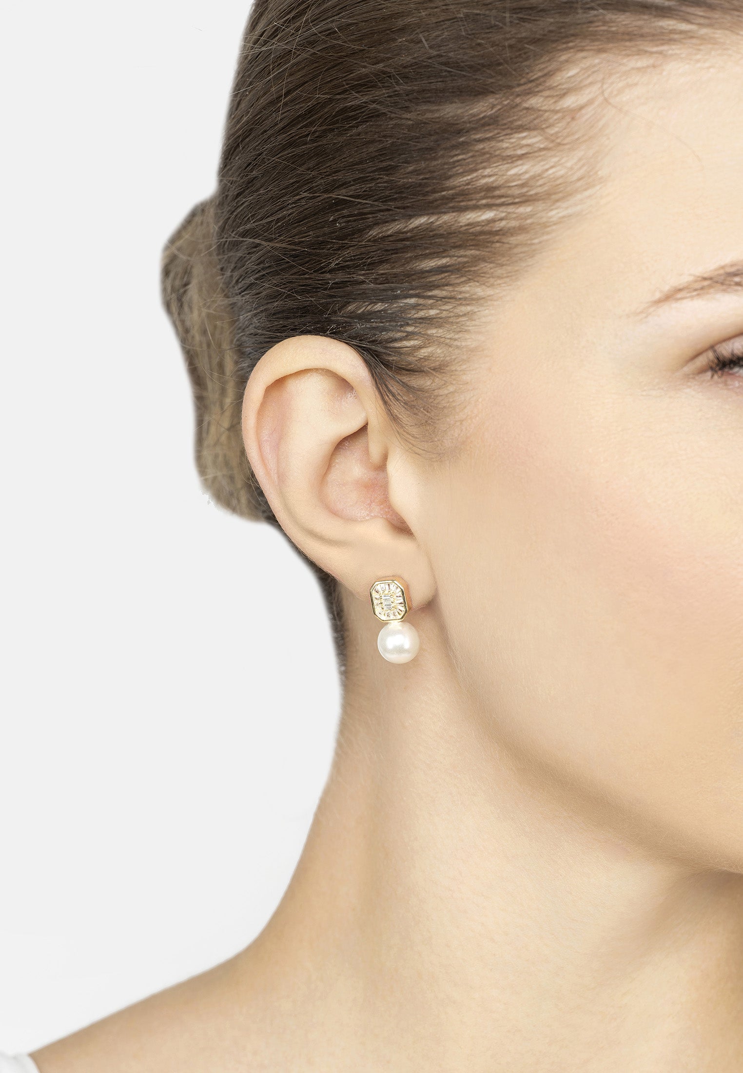 Pearl Rectangular Cz Drop Earrings Gold