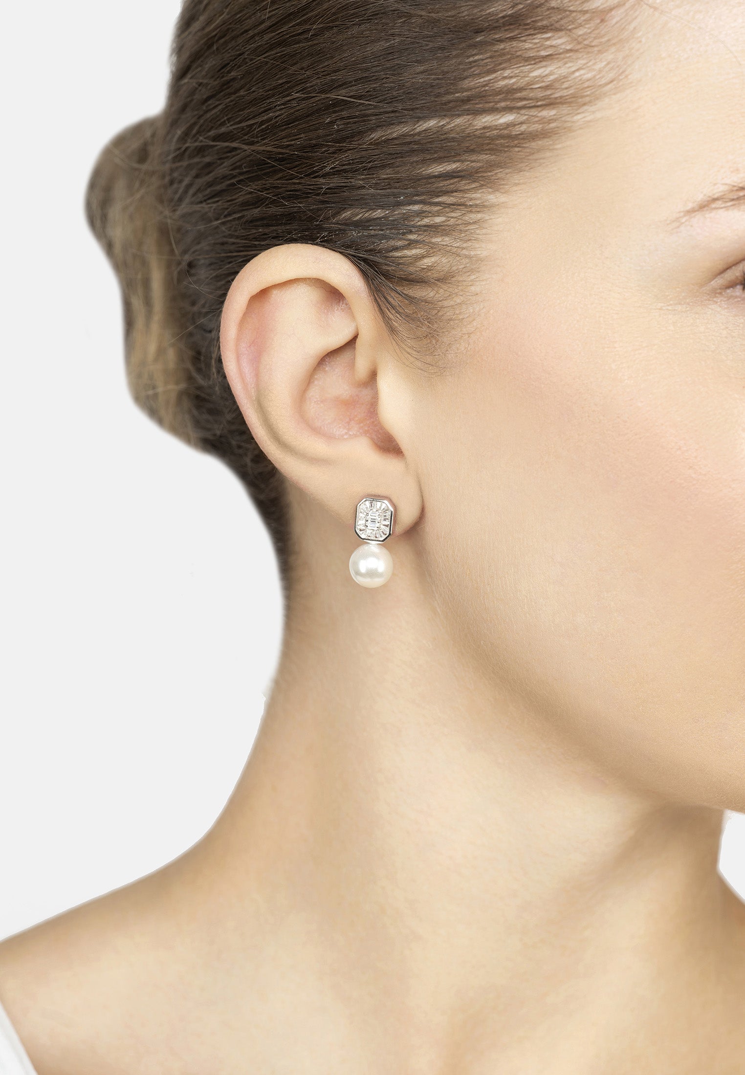 Pearl Rectangular Cz Drop Earrings Silver