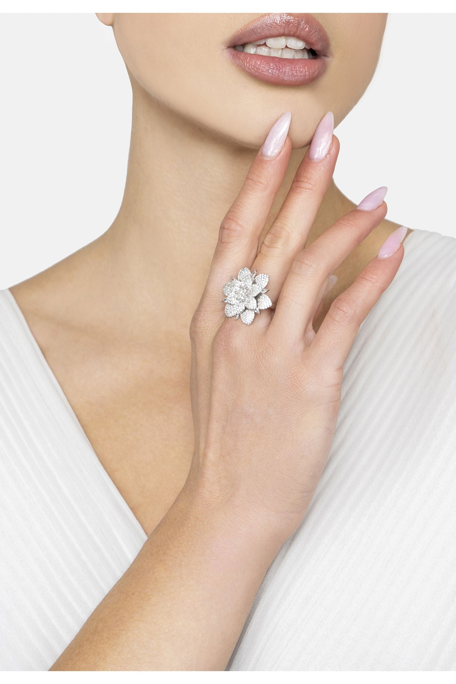 Primrose Flower Cocktail Ring Silver