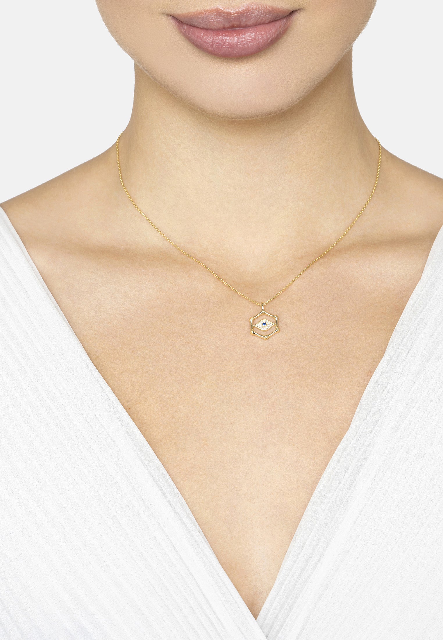 Bamboo Hexagon Evil Eye Necklace Gold