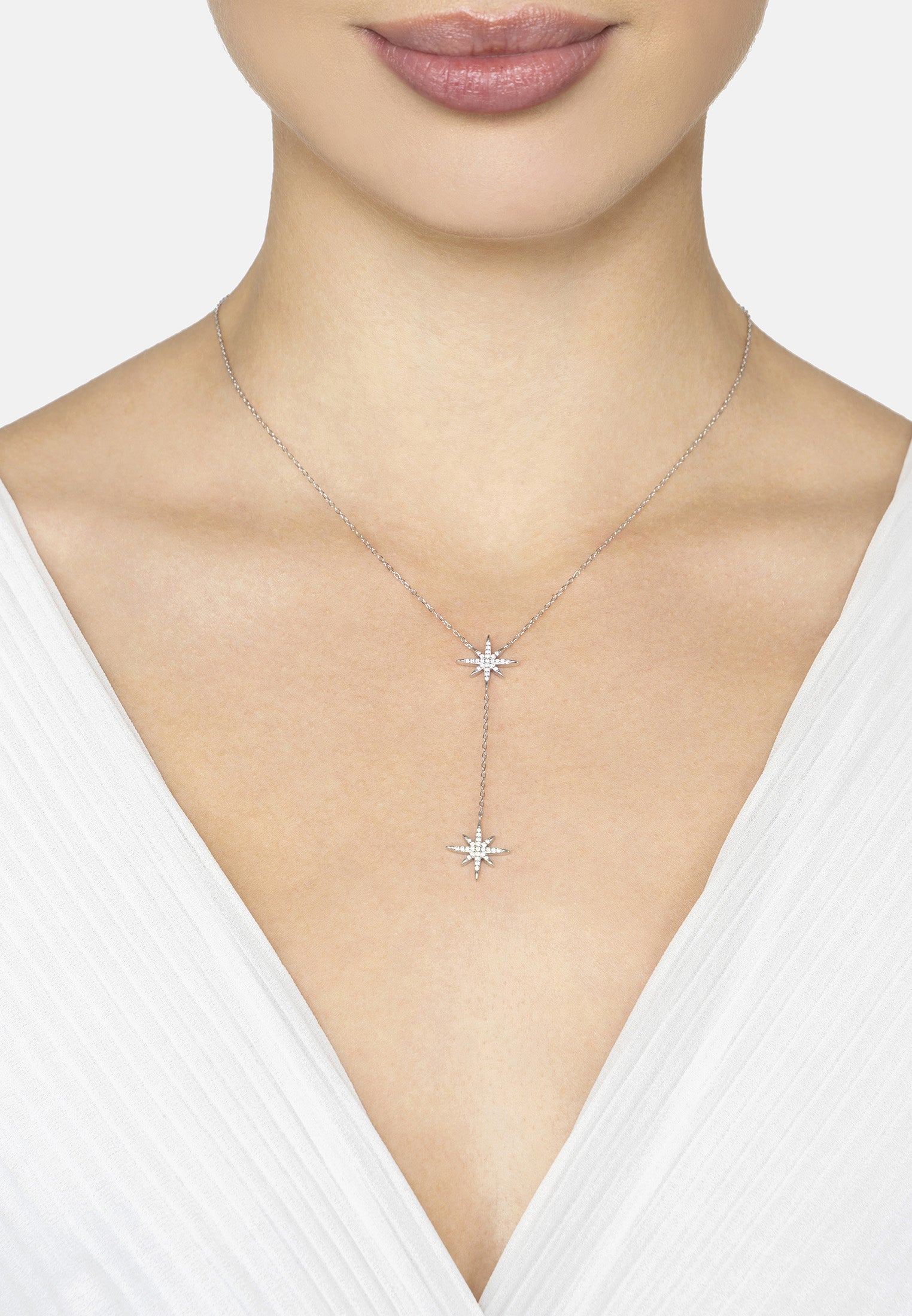 Double Starburst Drop Necklace Silver