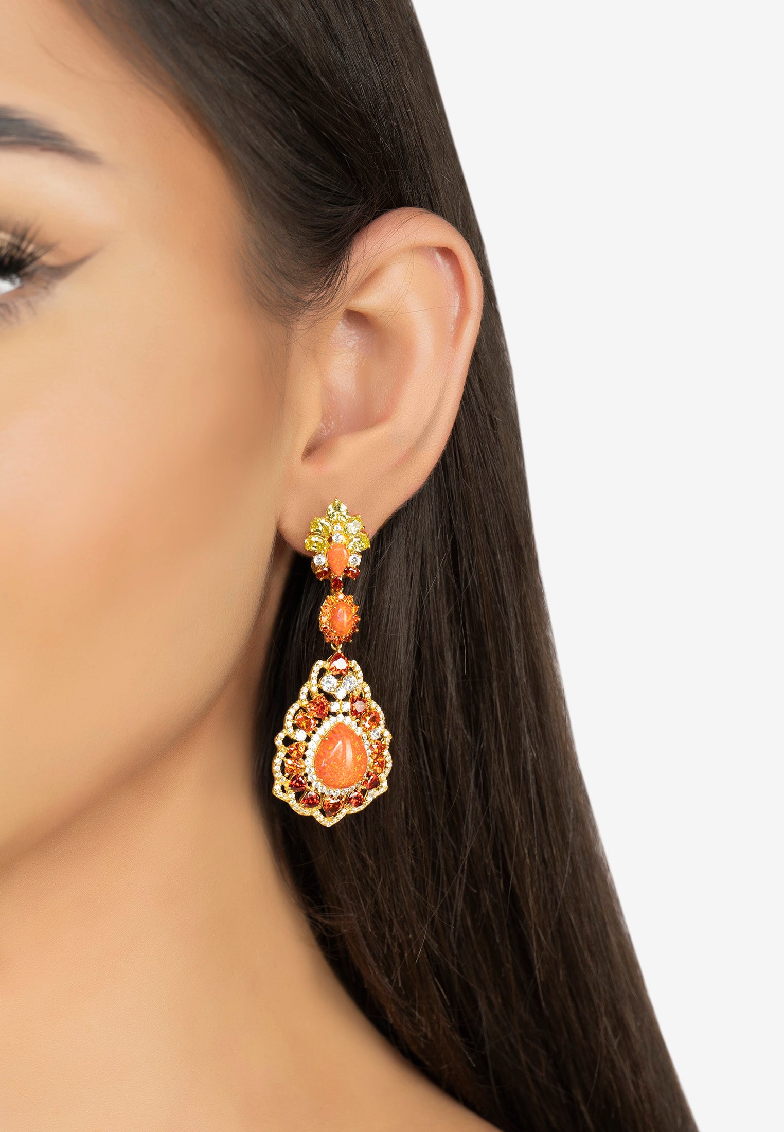 The earring worn by a model.