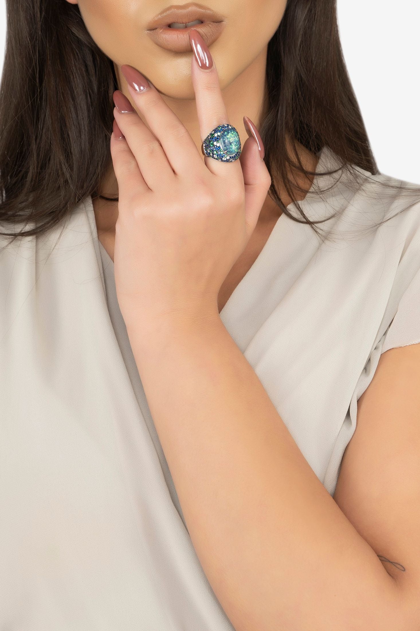 The ring worn by a model.