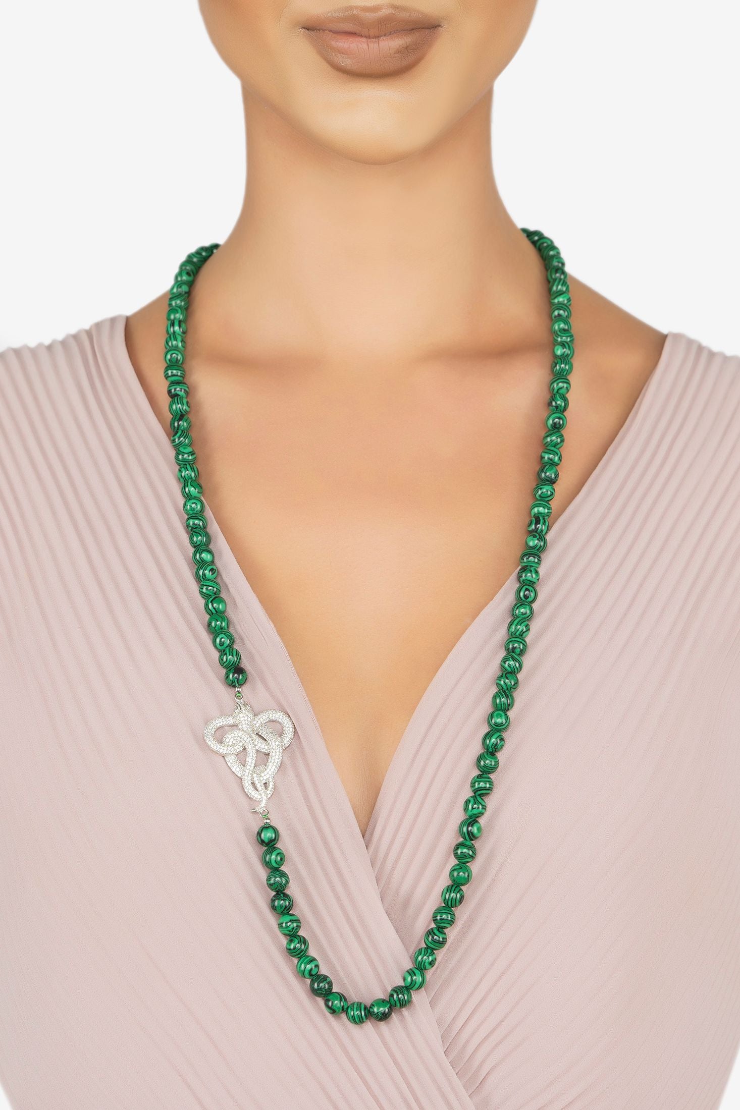 The necklace worn by a model.