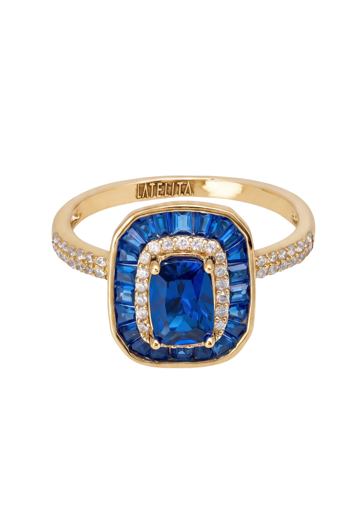 Anillo de cóctel Gran Gatsby con zafiro y oro