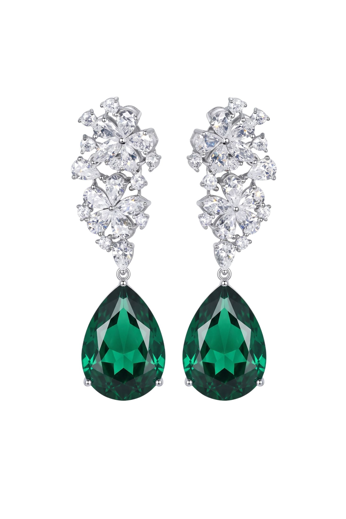 Peony Flower Drop Earrings Emerald Silver