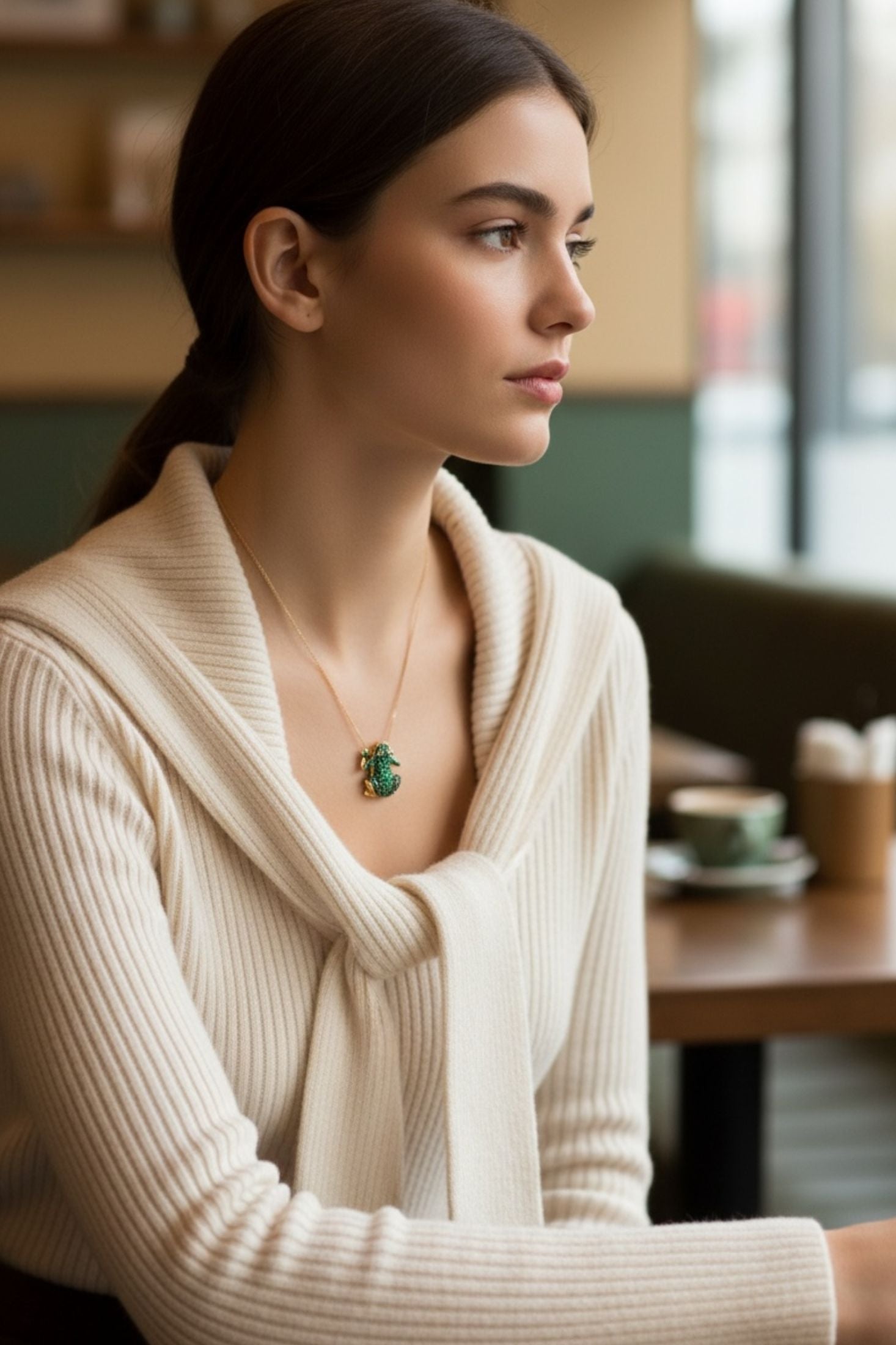 Woman wearing a beige sweater and emerald green frog necklace in a cafe setting