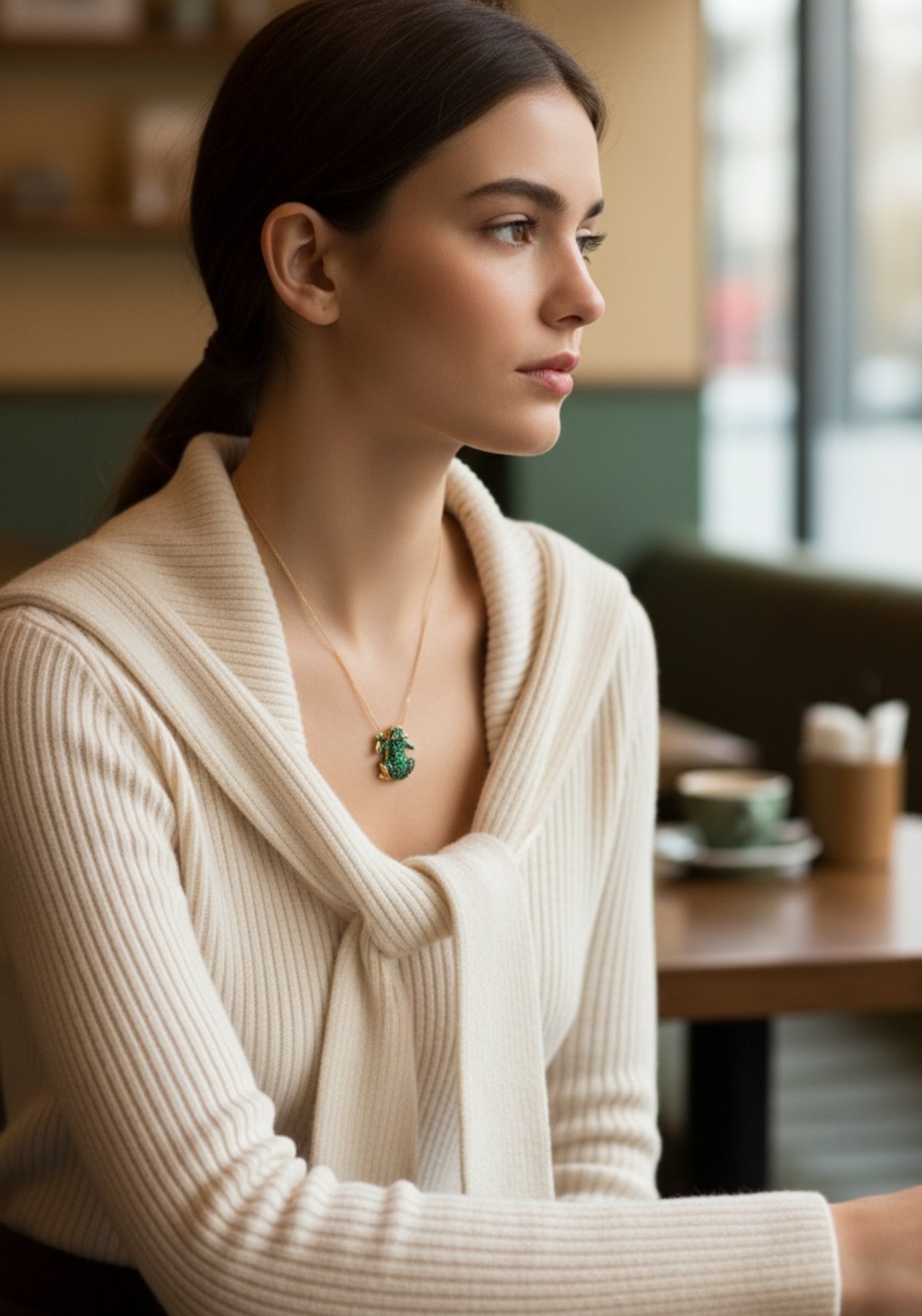 Woman wearing a beige sweater and emerald green frog necklace in a cafe setting