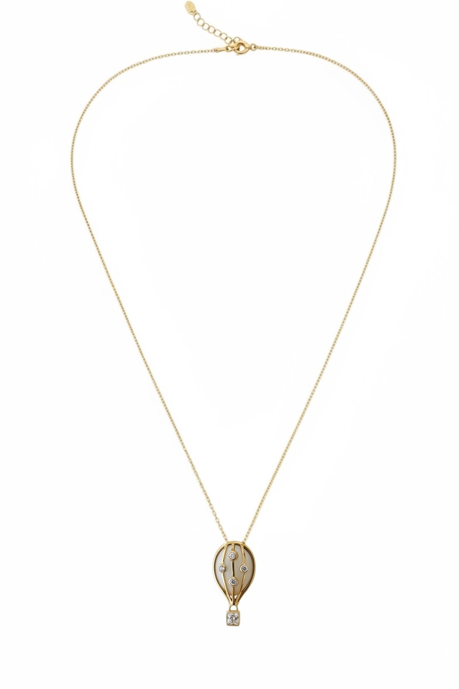 Gold necklace with a hot air balloon pendant on a white background