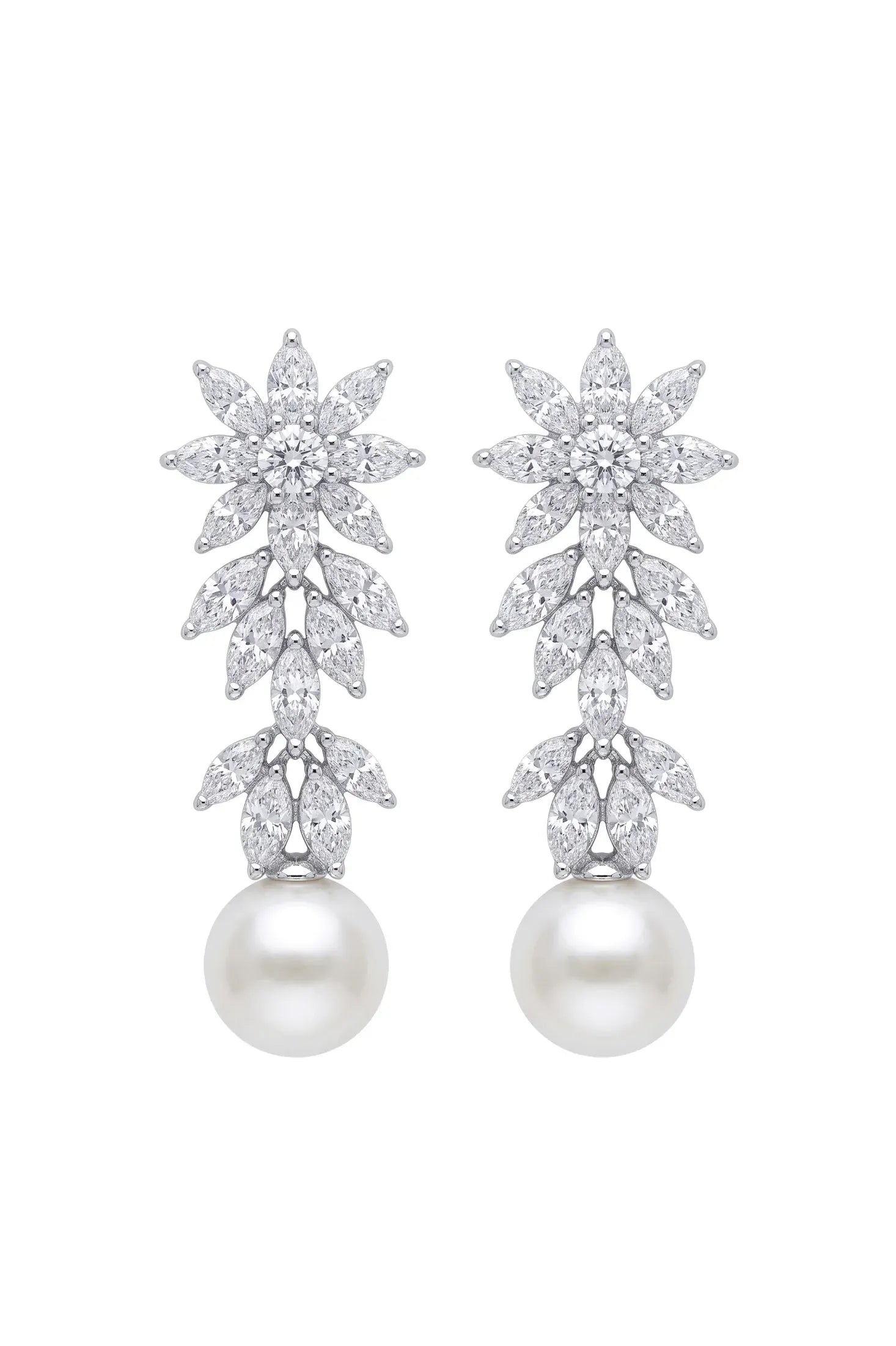Elegant diamond flower earrings with pearl drops, ethically sourced and hypoallergenic