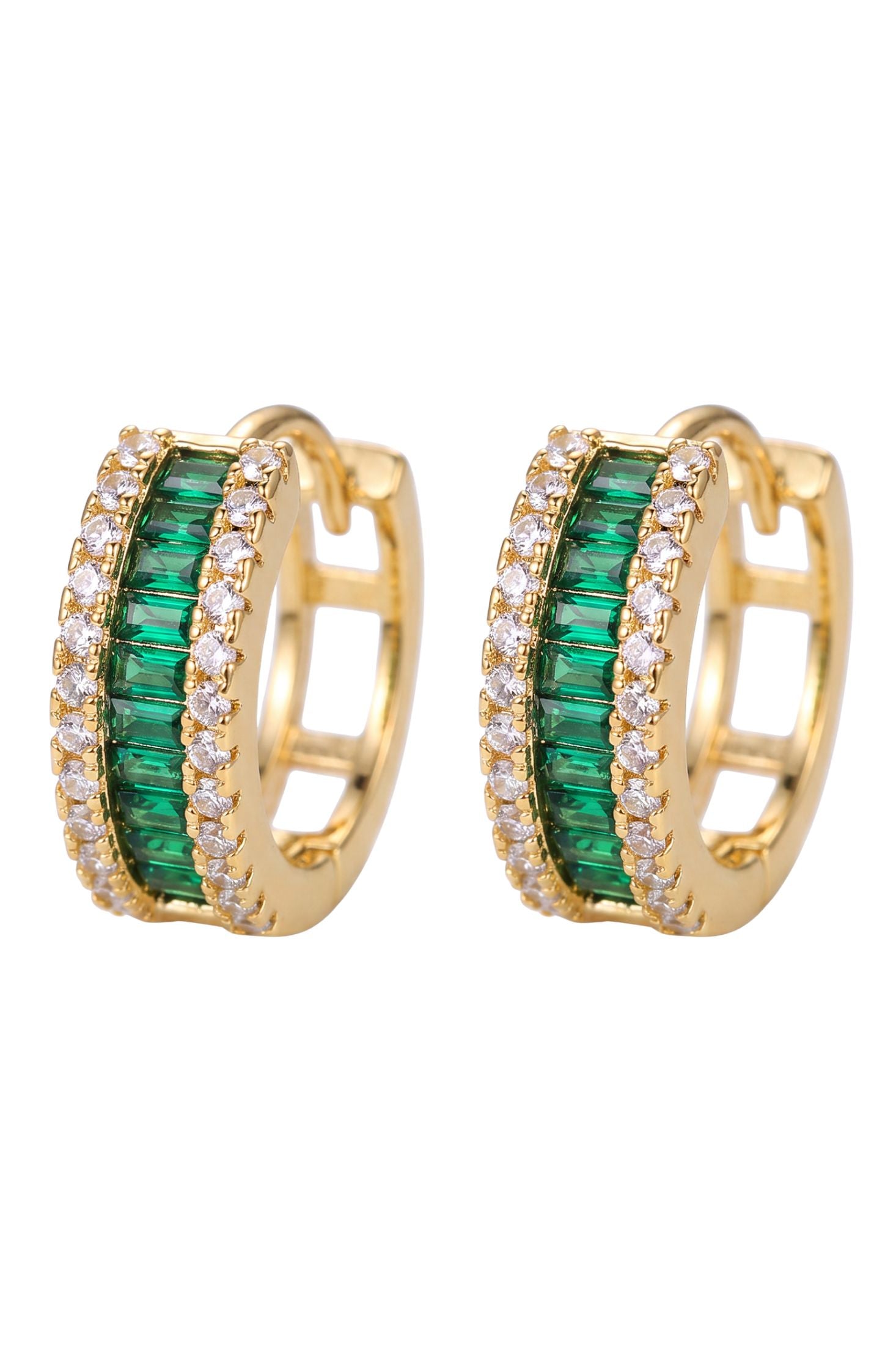 Baguette Huggie Hoop earrings Emerald Green Gold