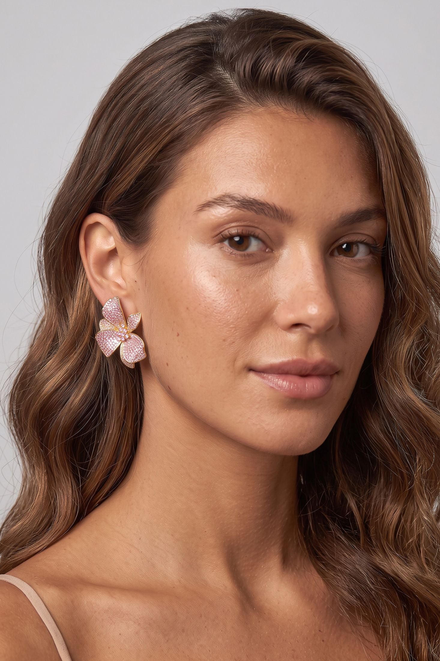 Pink Orchid Large Stud Earrings Gold