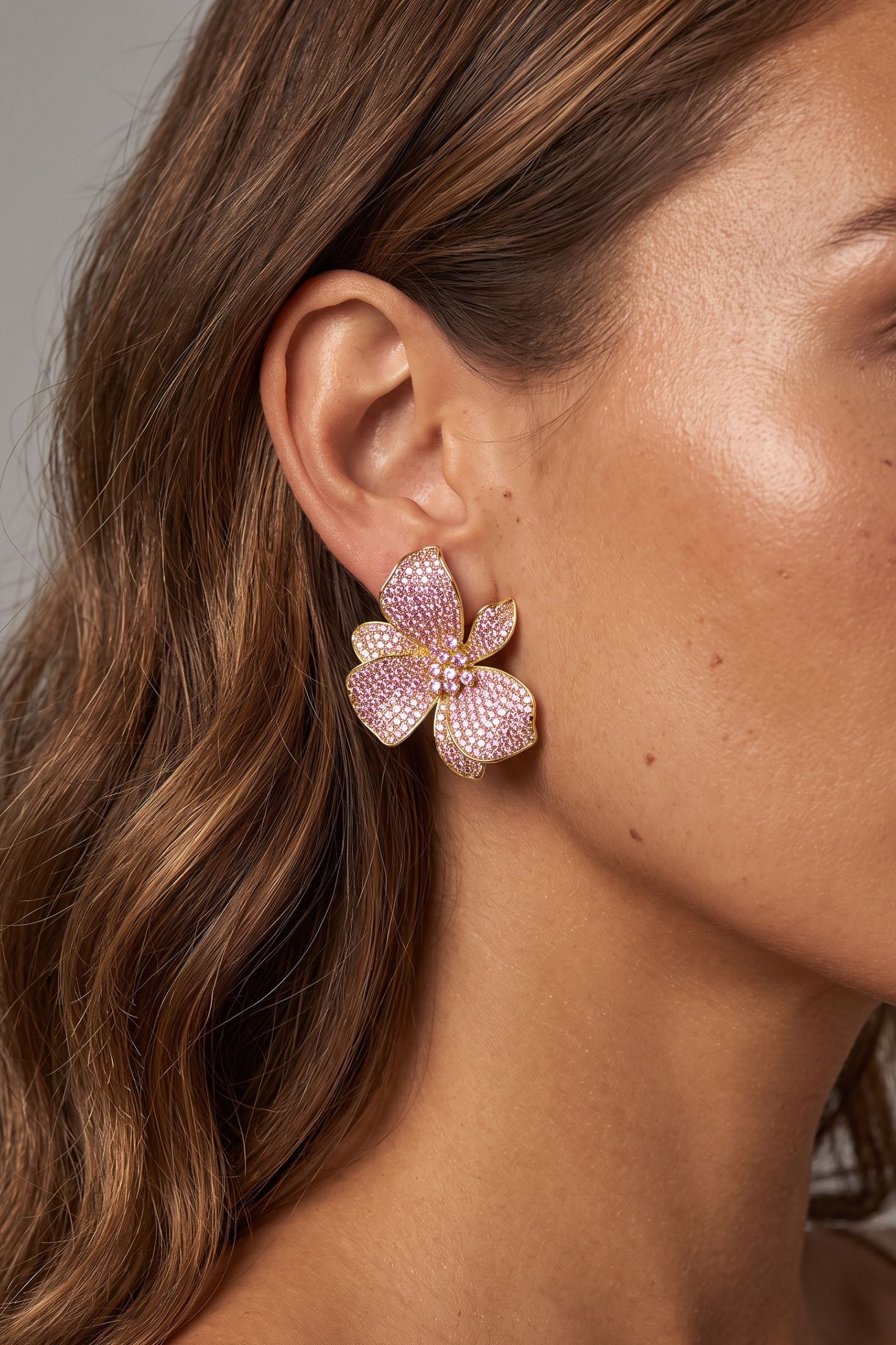 Pink Orchid Large Stud Earrings Gold